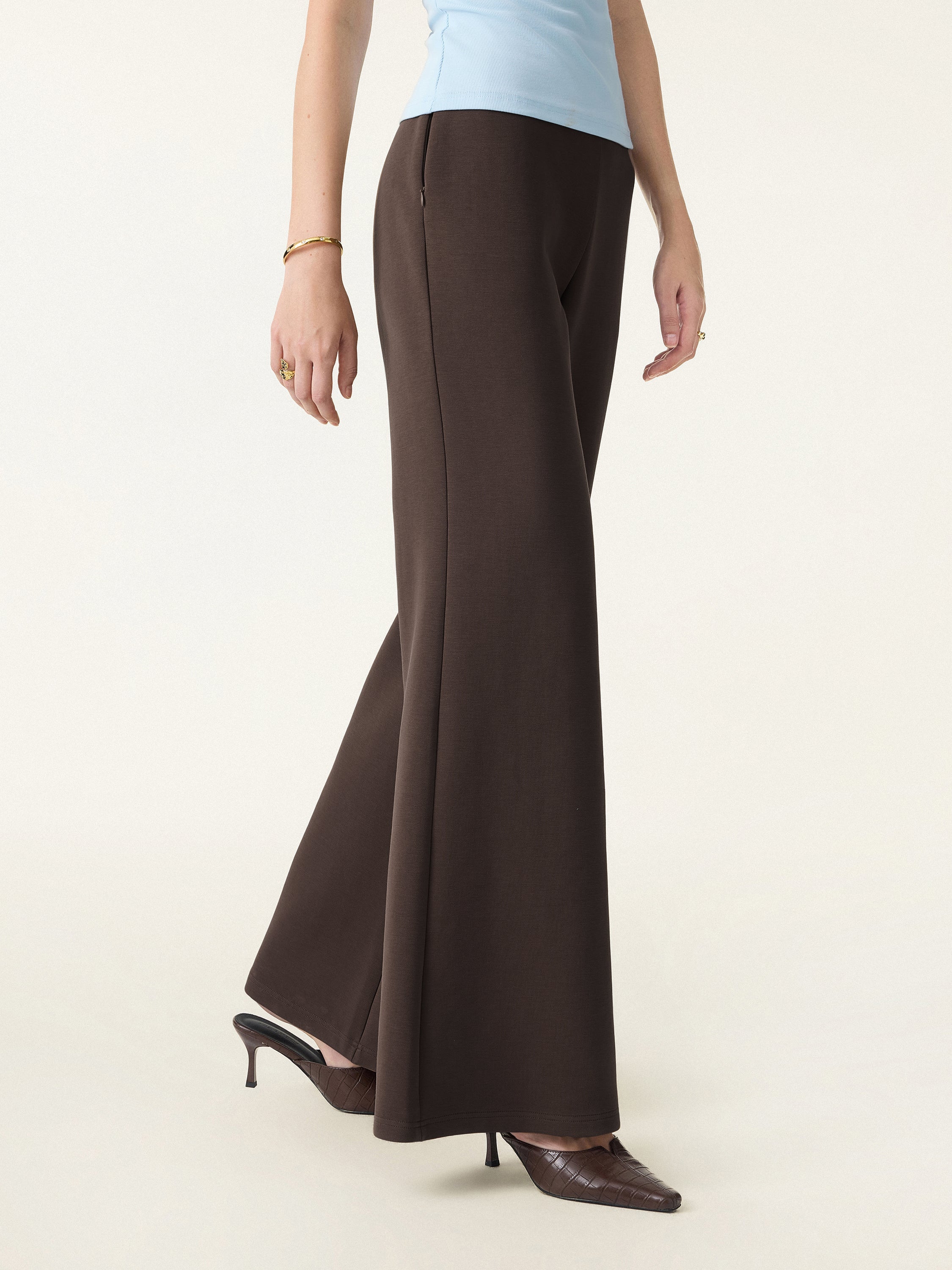 Petite Stretch Cotton Blend High Rise Flared Pull-on Pants