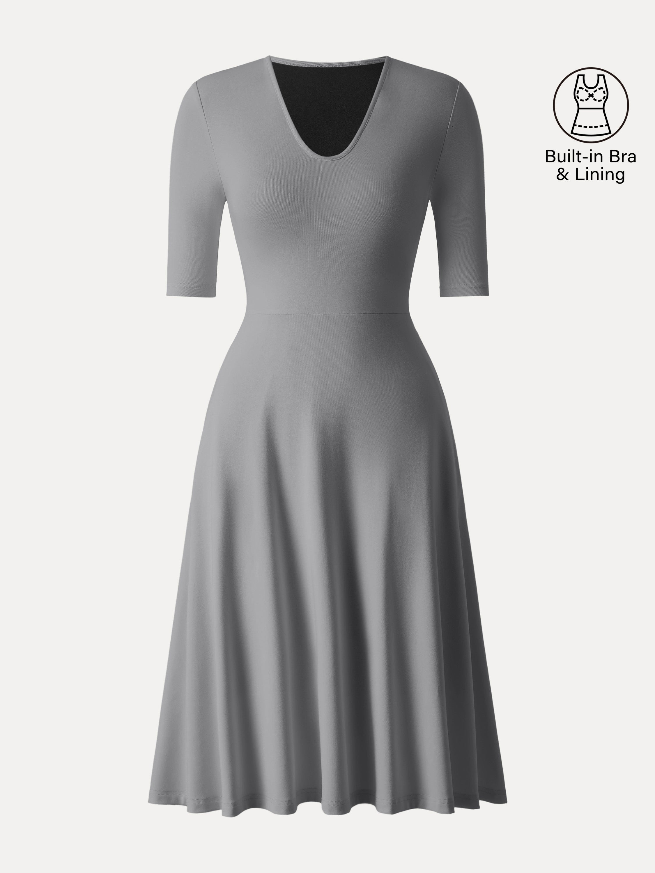 V-Neck Elbow Sleeve Midi Brami Dress with Pockets