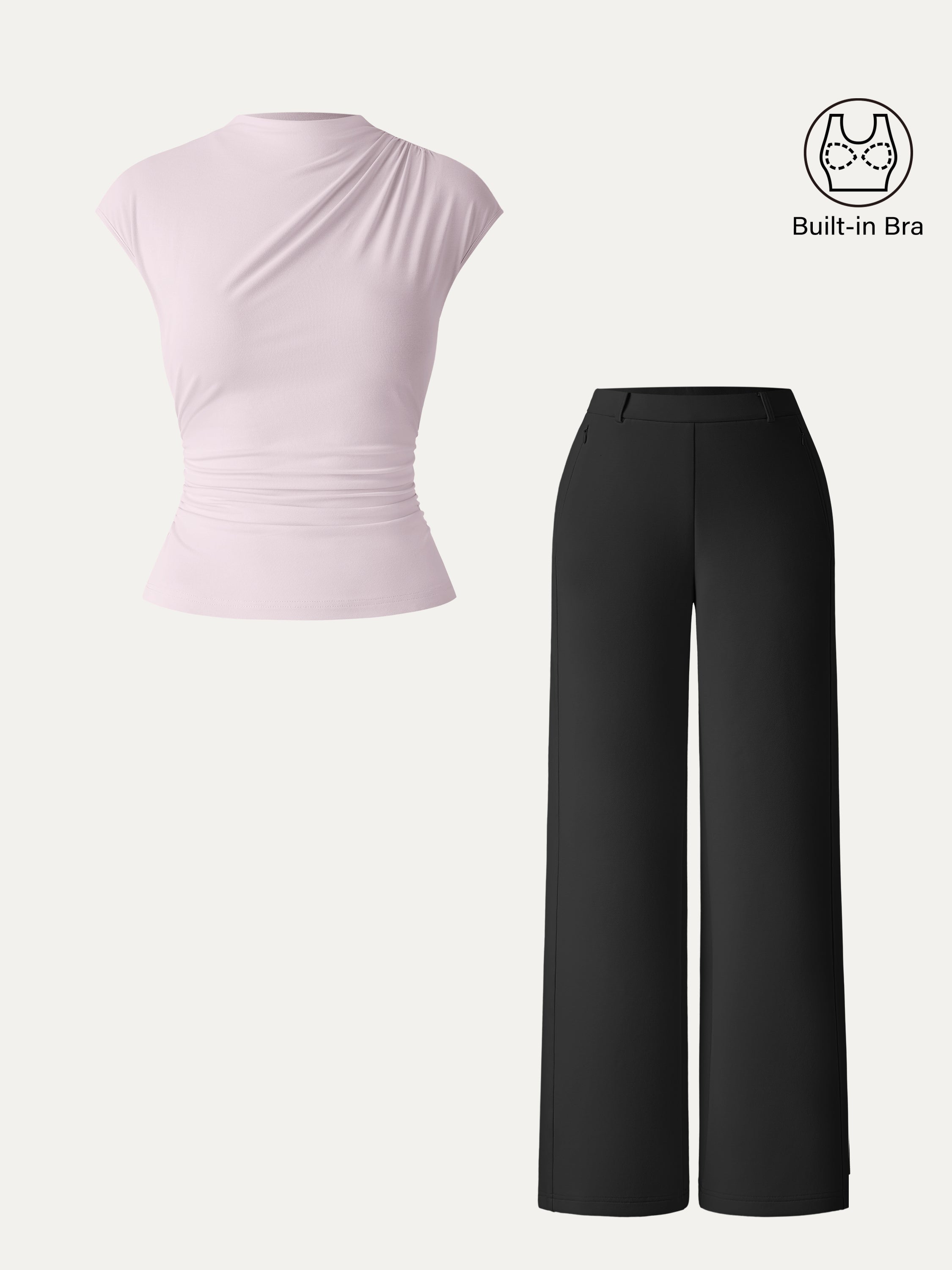 2Pcs Set Mockneck Cropped Brami & Slimming High Rise Wide Leg Pants