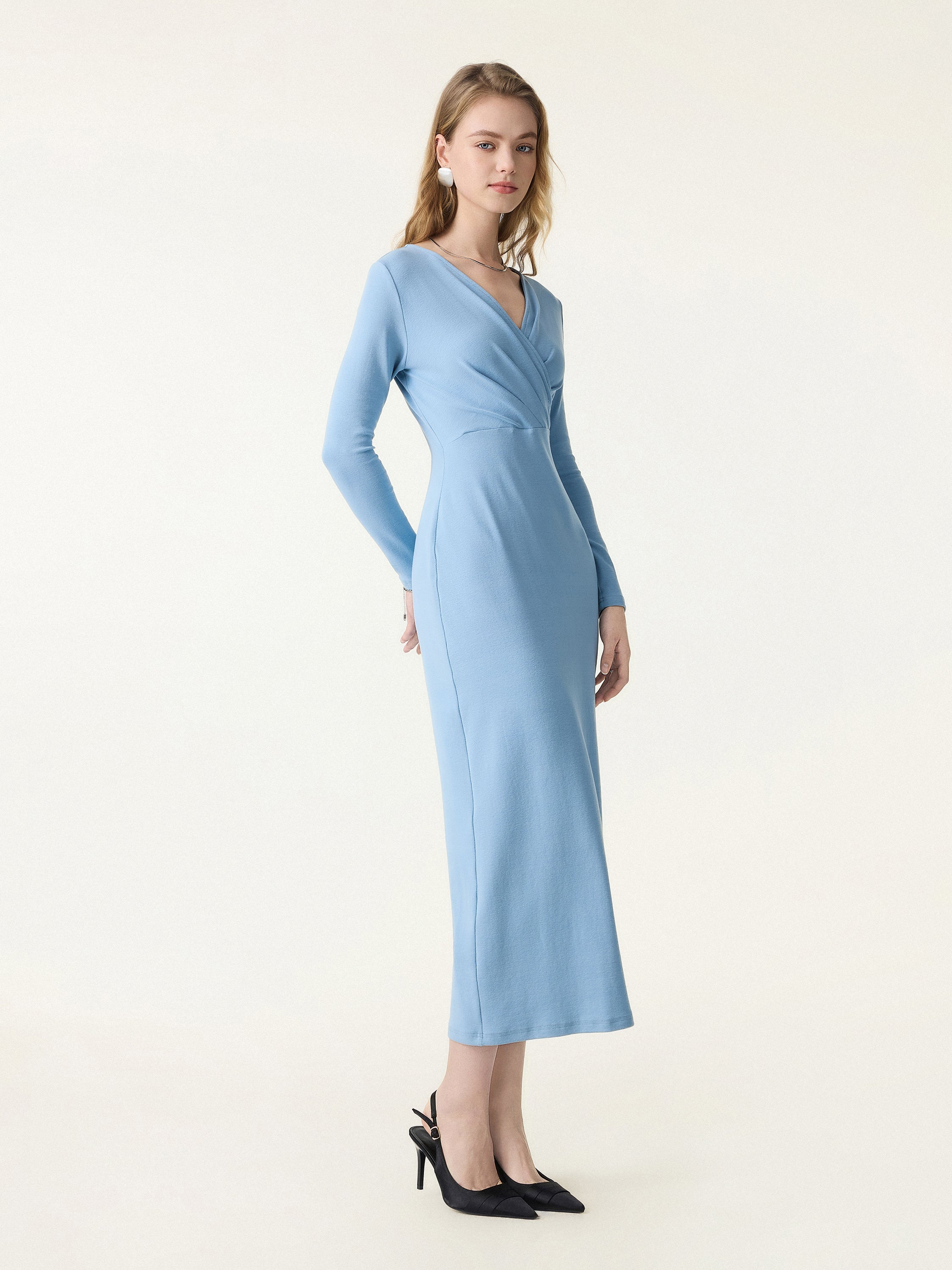 Cotton Lyocell Surplice Tucked H-line Midi Dress