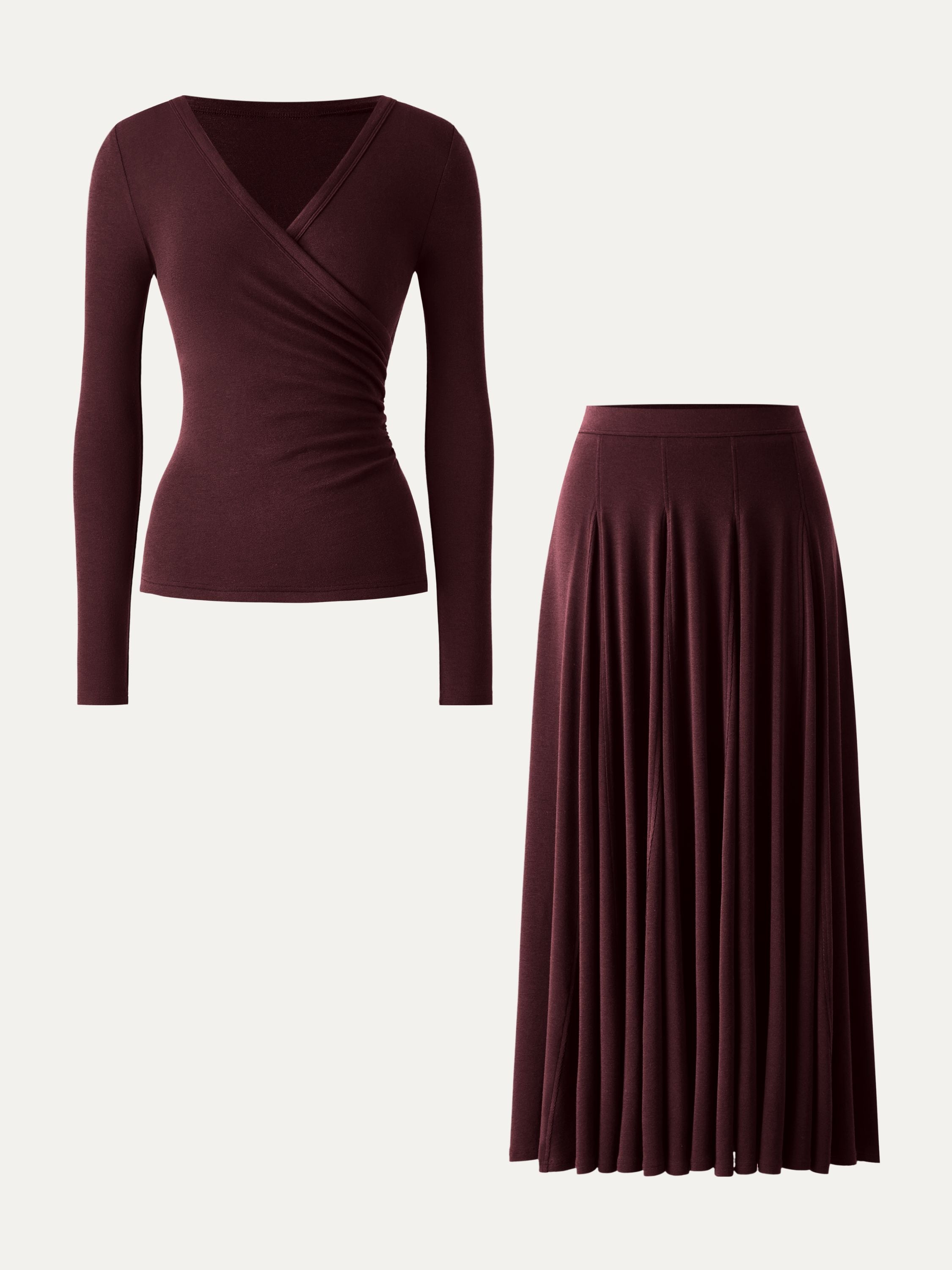 2Pcs Set Surplice Ruched Long Sleeve & Godet Hem Pull-on Maxi Skirt