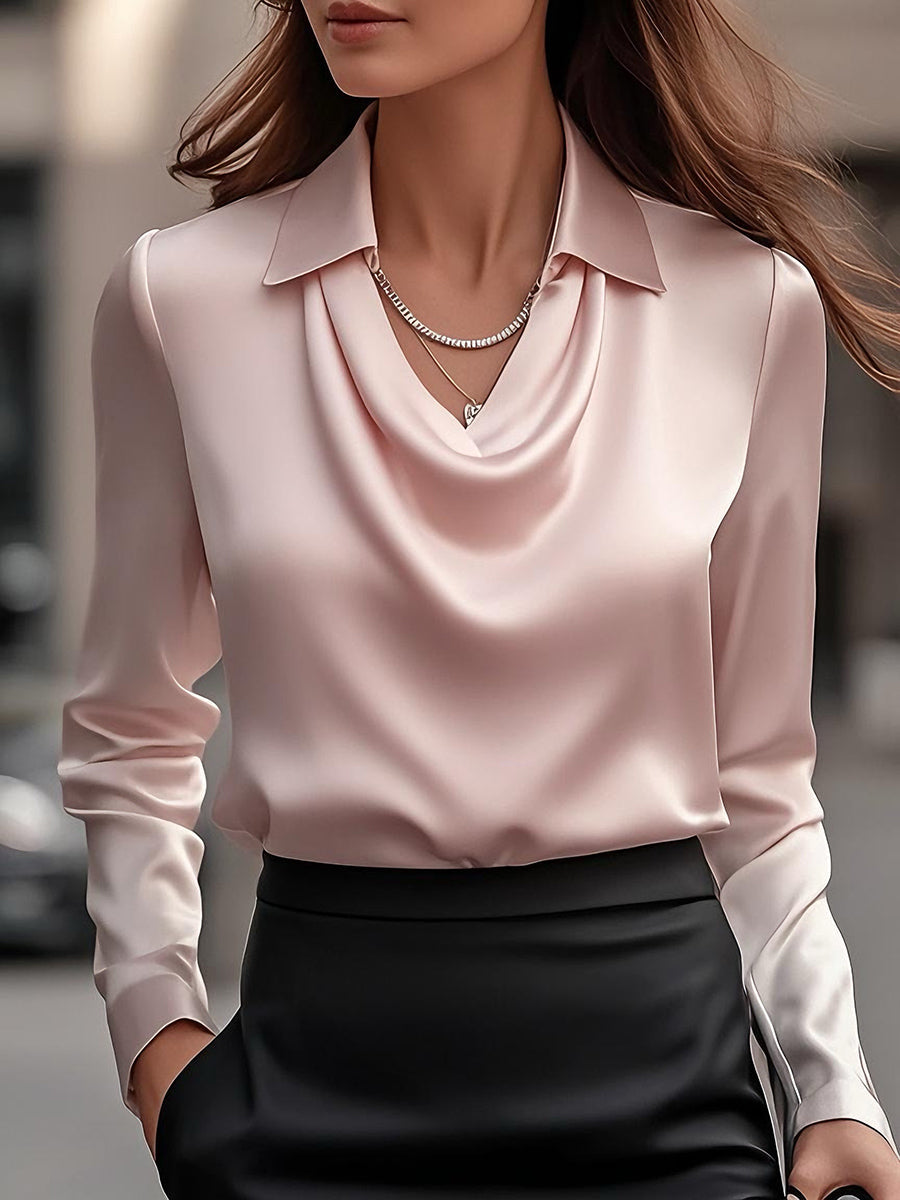 Rose- Elegant White Satin Blouse with Draped Neckline