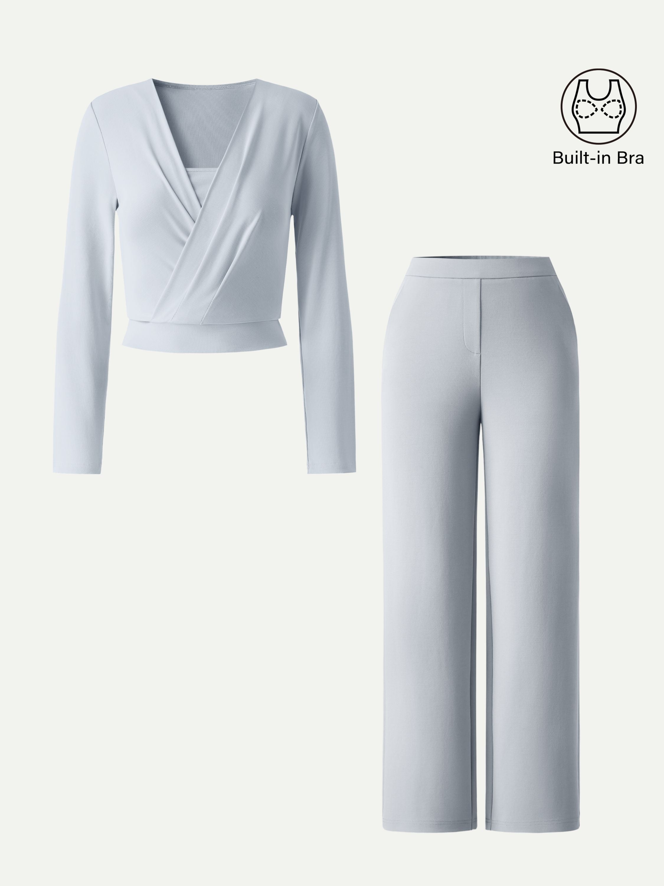 2Pcs Set Modal 2-in-1 Wrap Brami Top & Straight Leg Pull-on Travel Pants