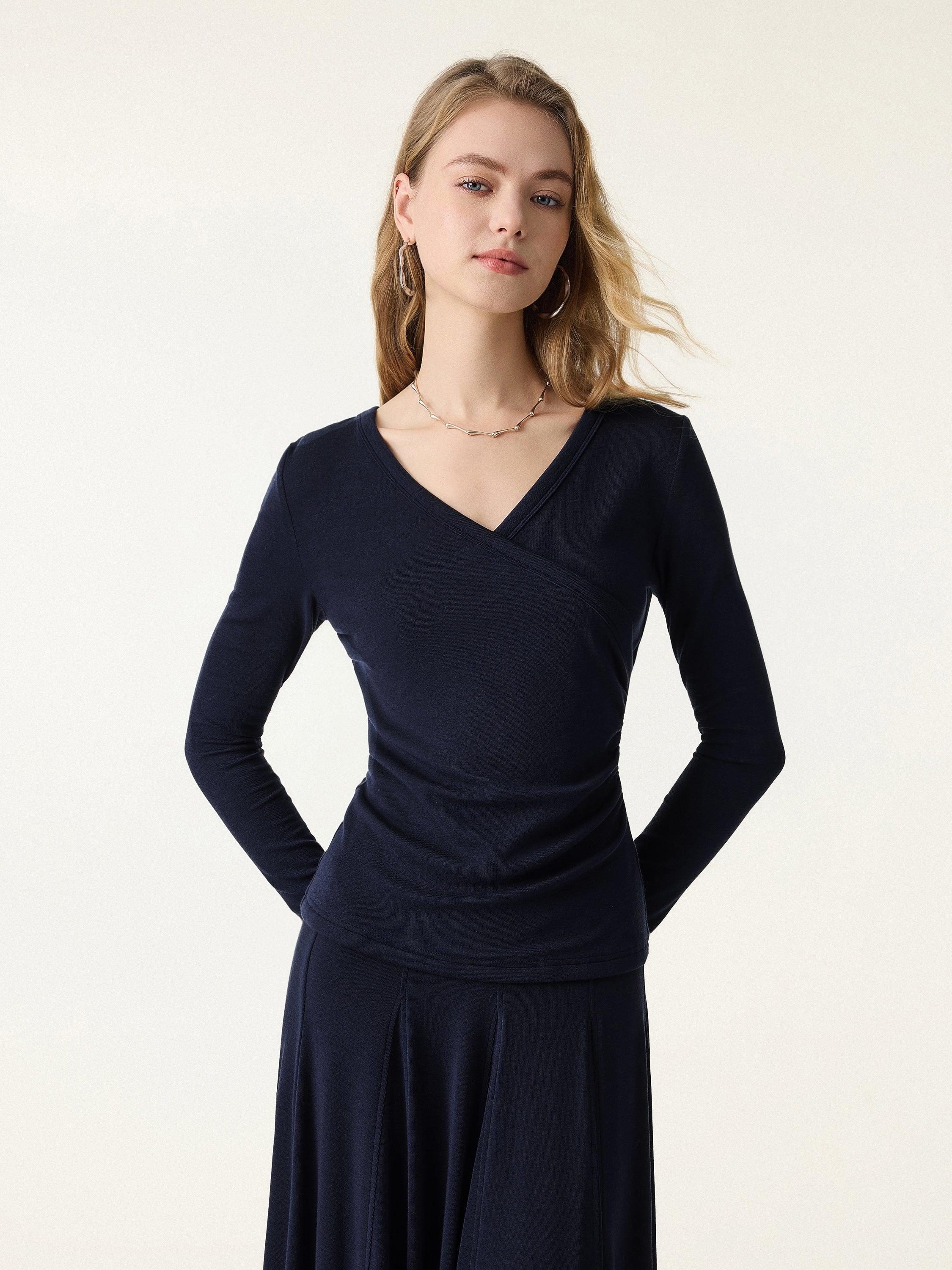 Lyocell Wool Surplice Ruched Long Sleeve Top