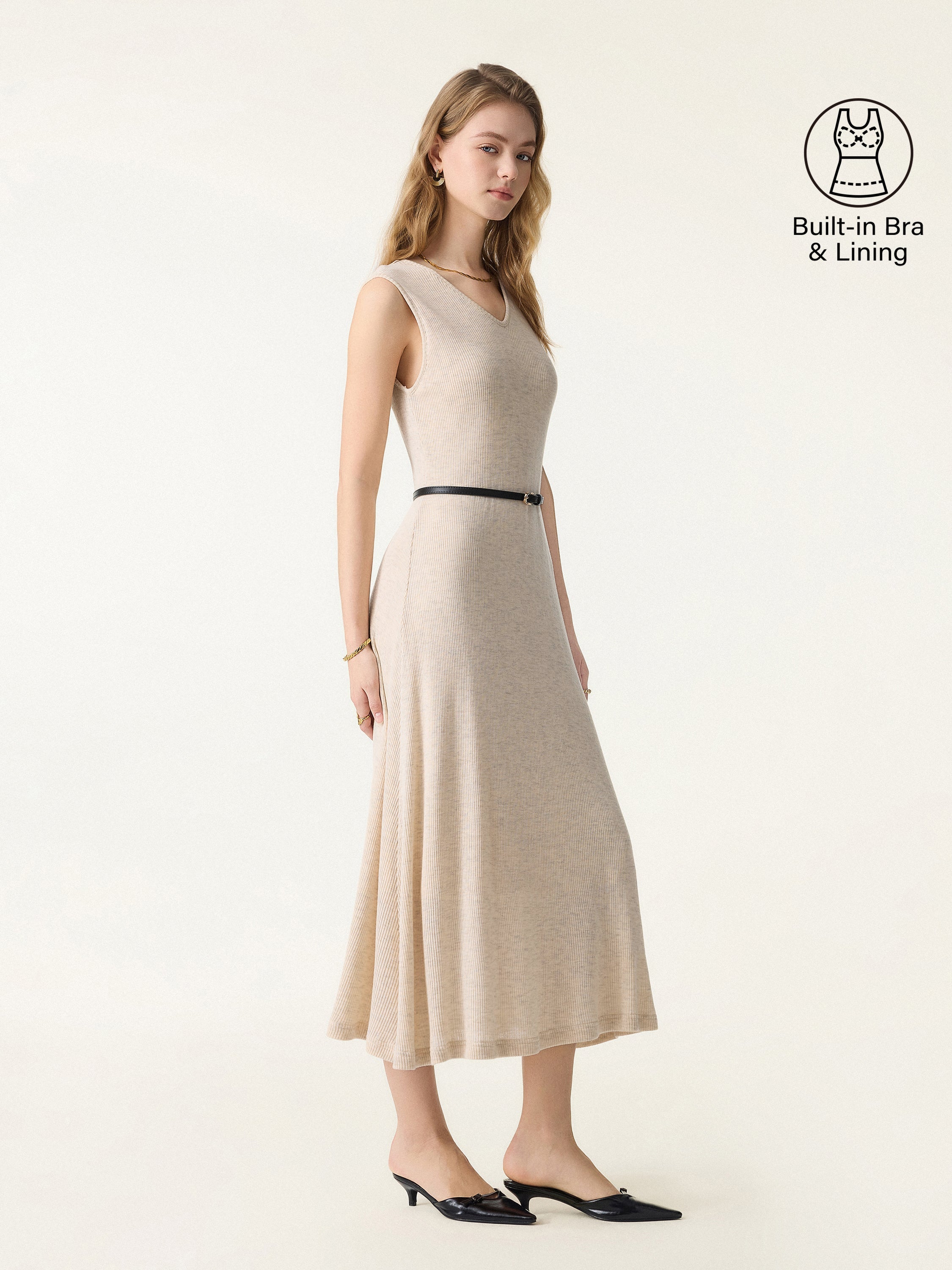 Soft Drape V-Neck Flared Midi Brami Dress