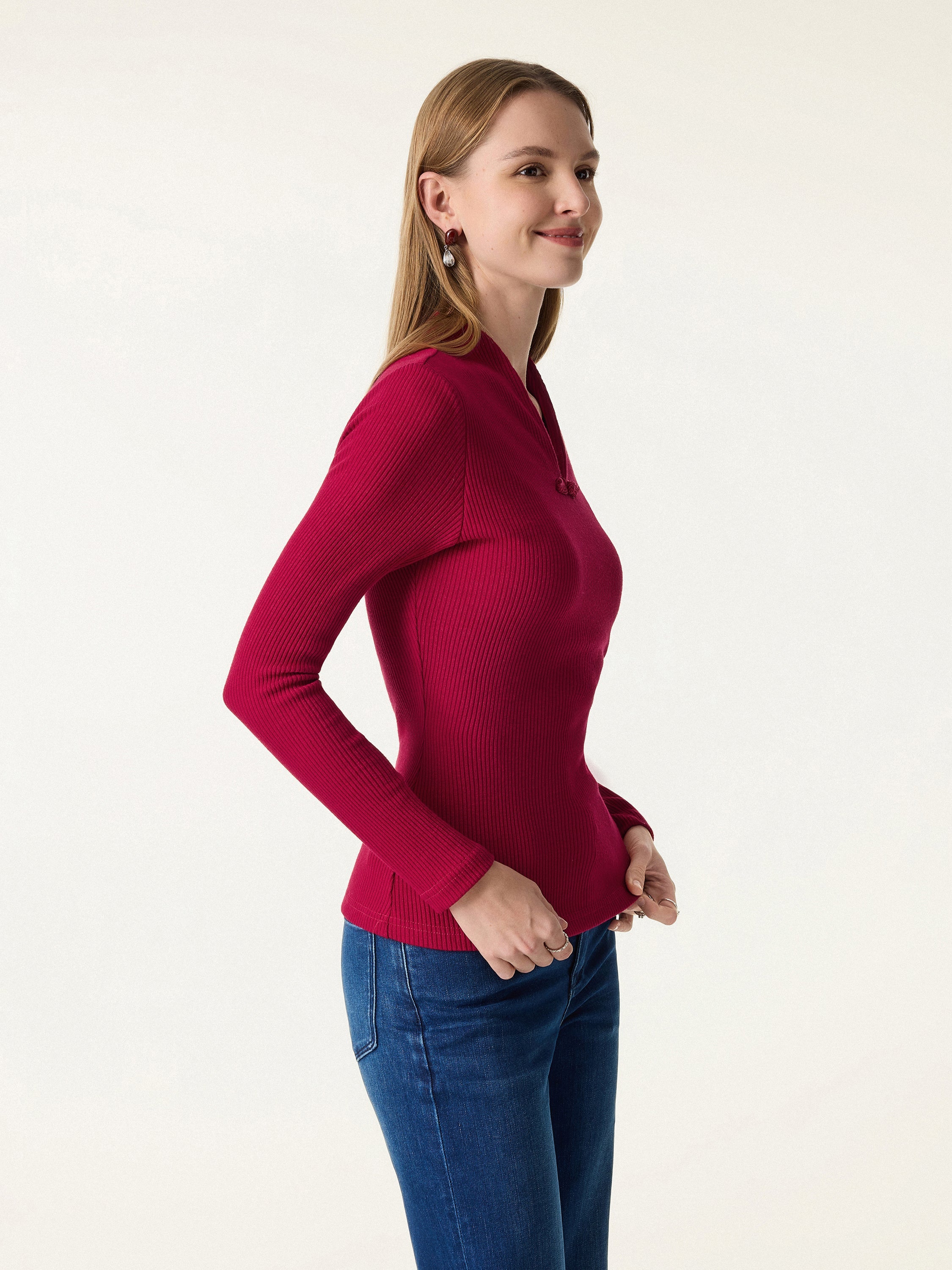 Ribbed Stand V-neck Frog Button Long Sleeve Brami Limited Edition