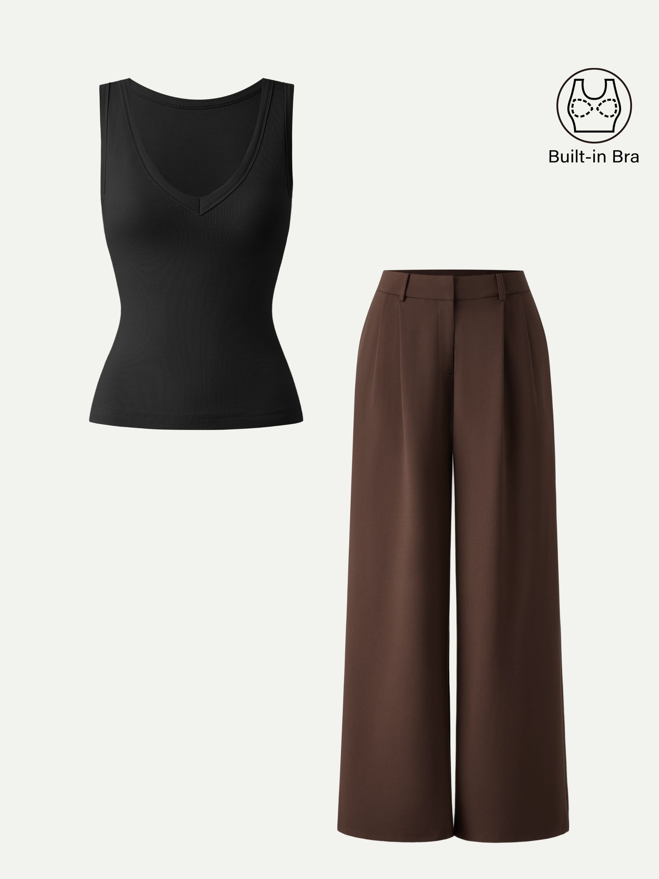 2Pcs Set V-neck Brami Tank & Wide Leg Pant with Pockets