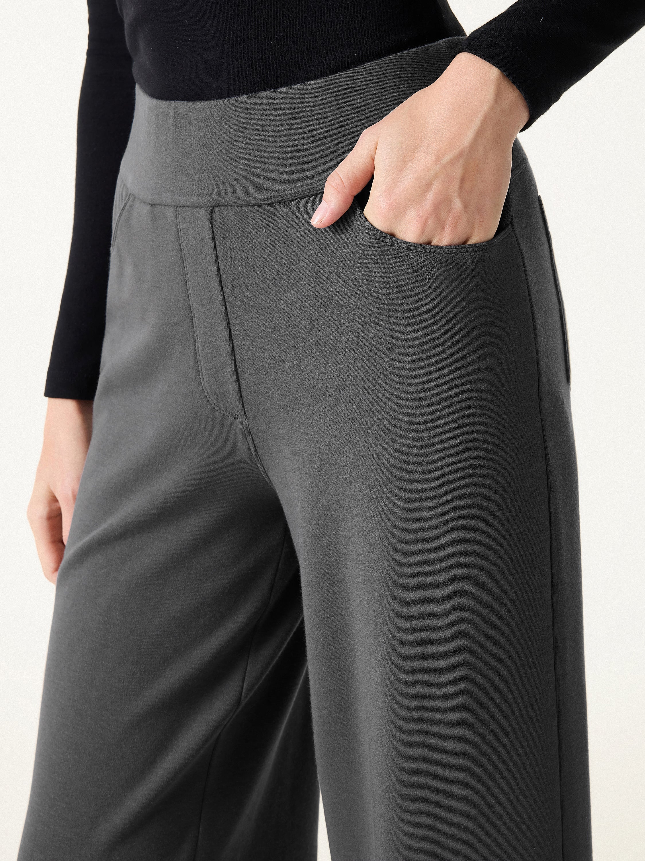 Mid Rise Wide Waistband Wide Leg Pull-on Pants with Pockets