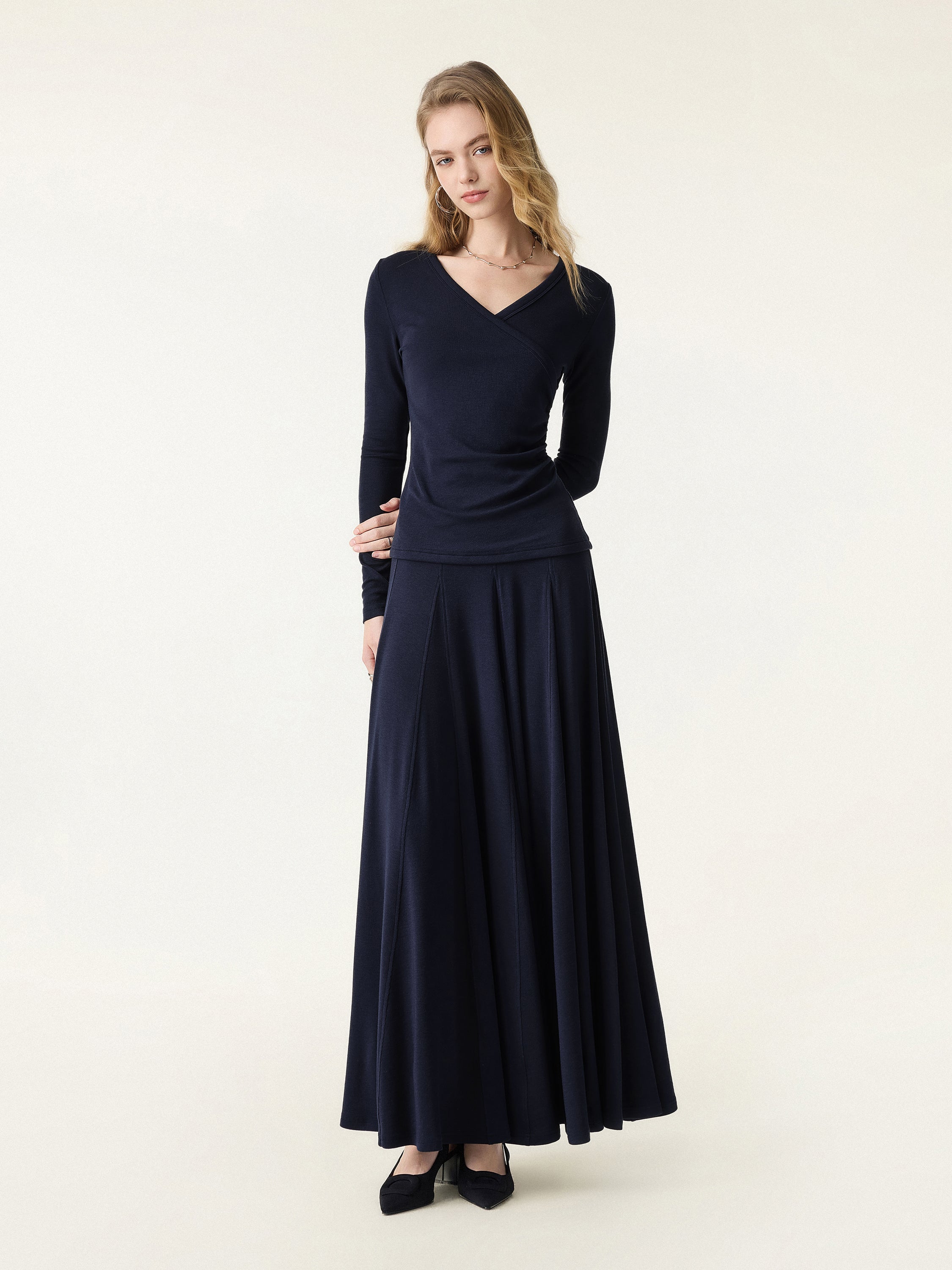 2Pcs Set Surplice Ruched Long Sleeve & Godet Hem Pull-on Maxi Skirt