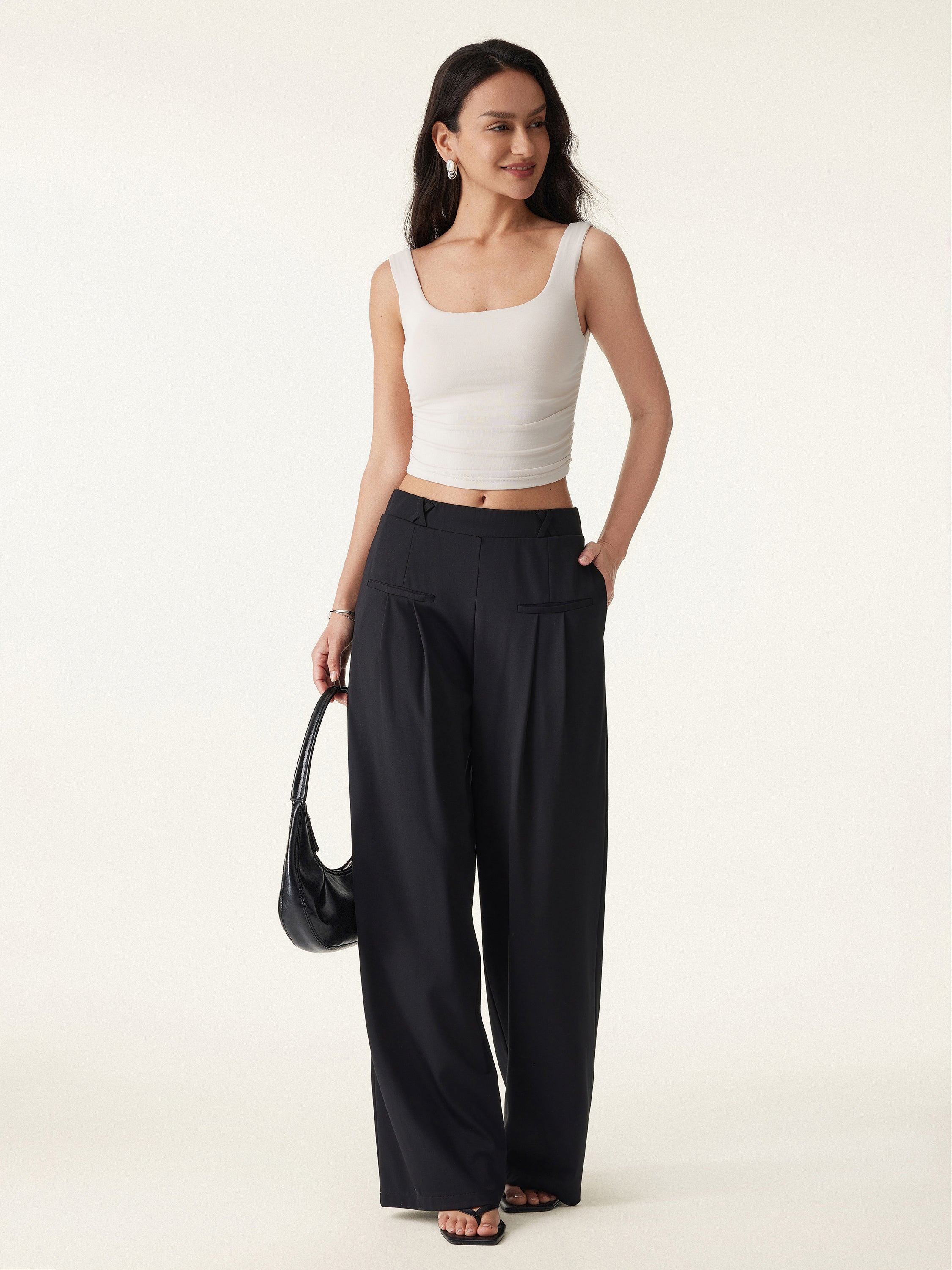 2Pcs Set Open Back Brami & Mid Rise Wide Leg Trouser with Pockets