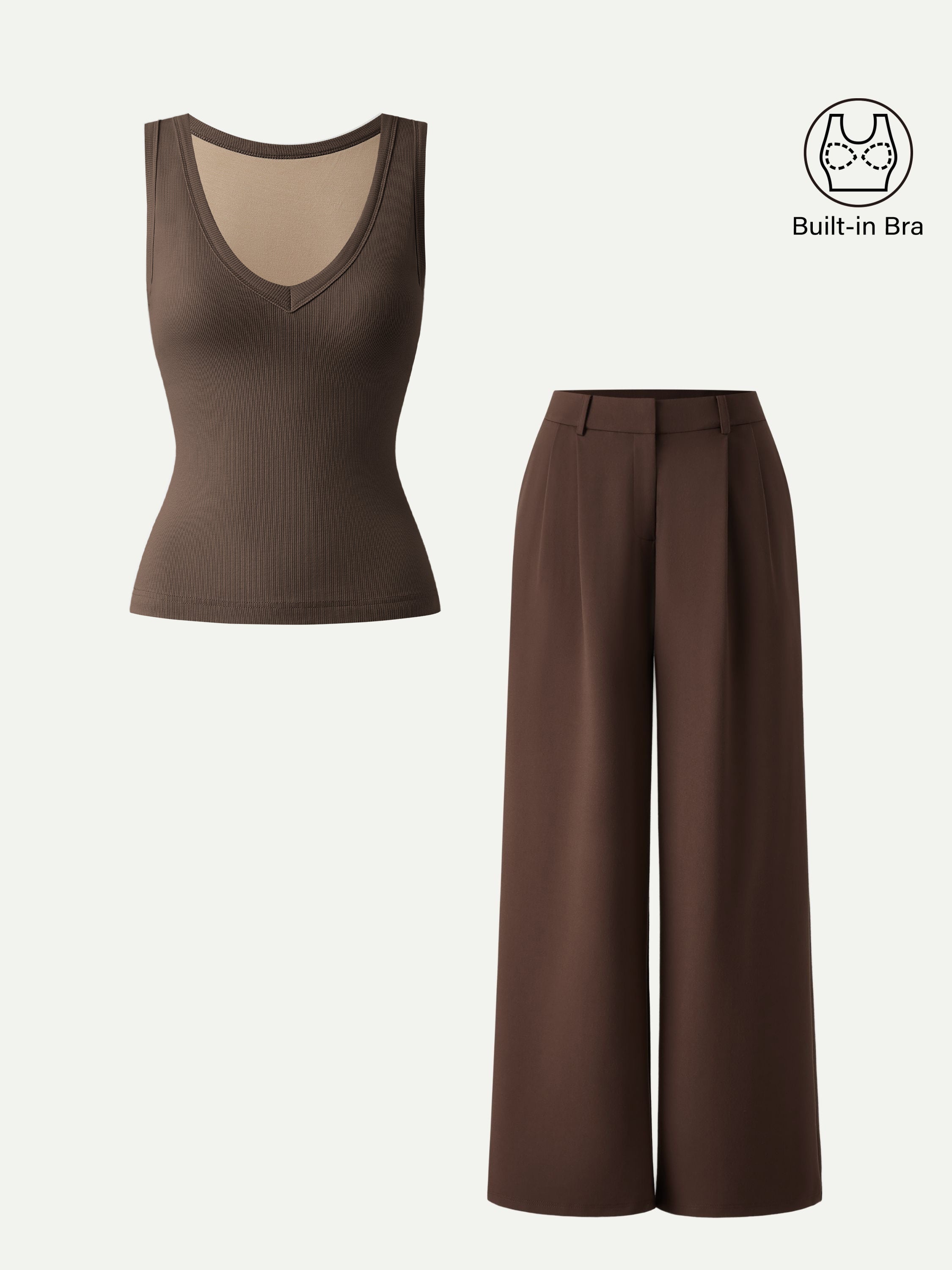2Pcs Set V-neck Brami Tank & Wide Leg Pant with Pockets