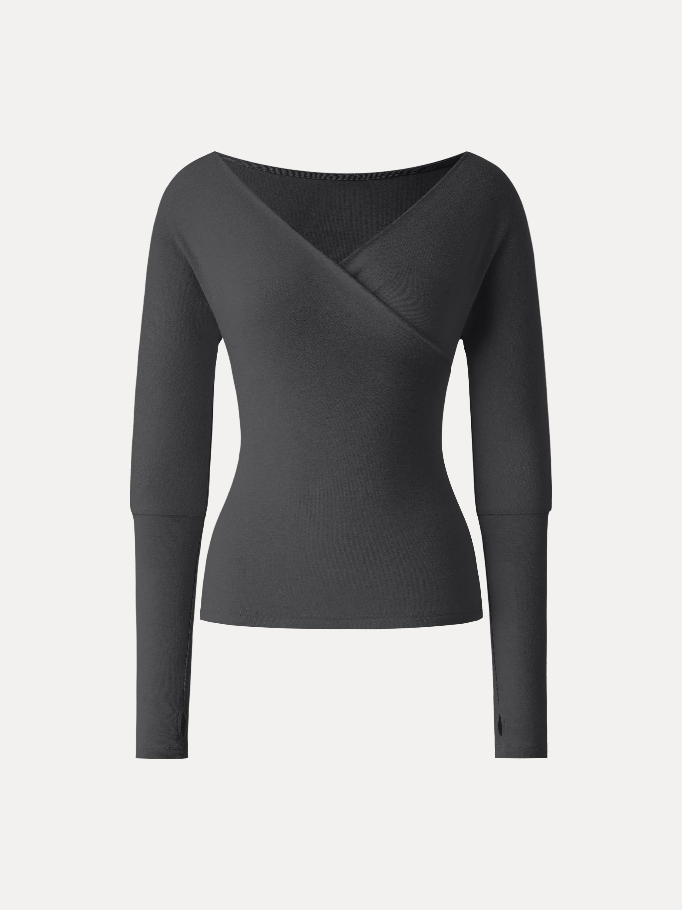 Lyocell Wool Surplice Long Sleeve Top with Thumbholes