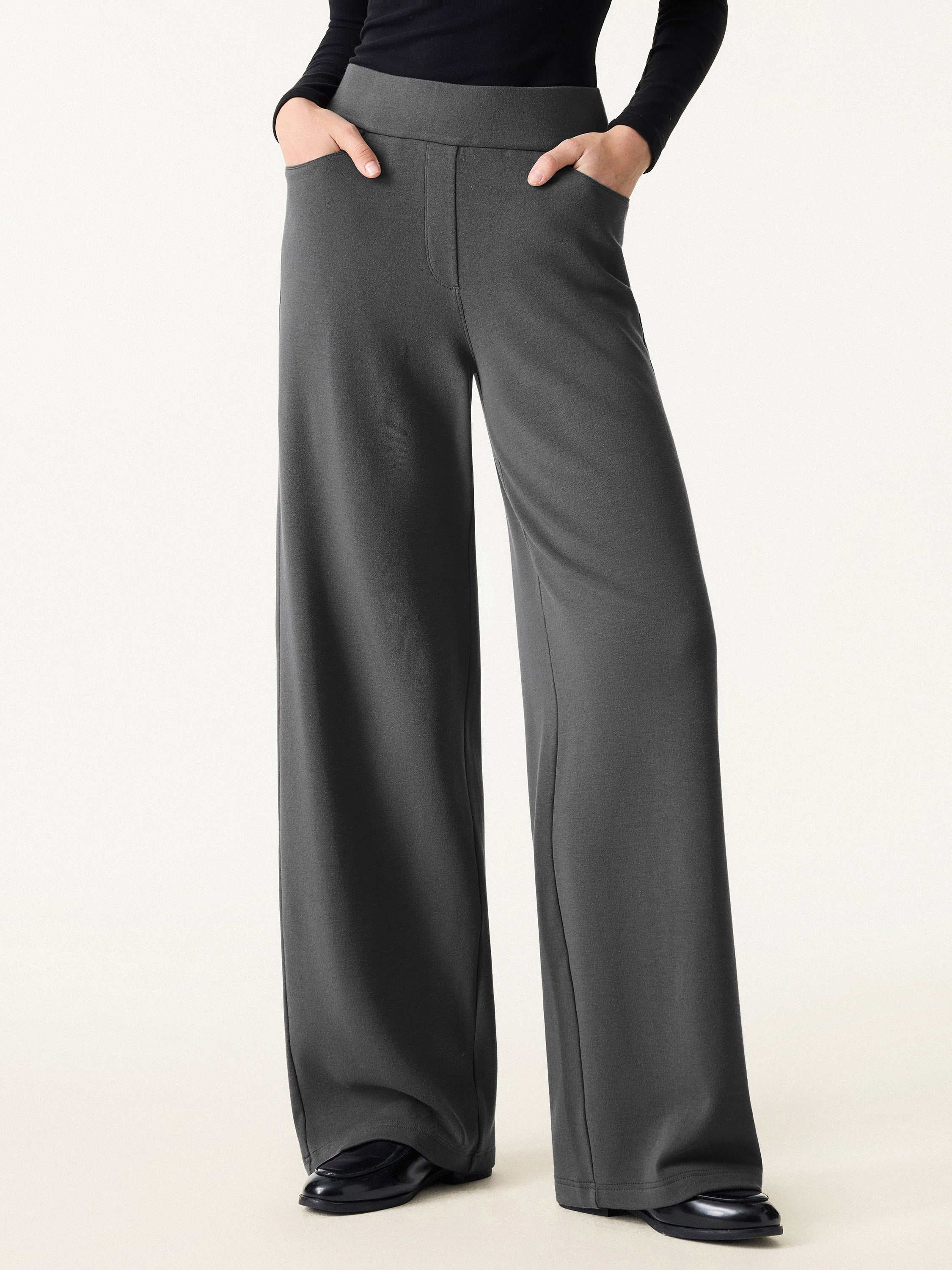 Mid Rise Wide Waistband Wide Leg Pull-on Pants with Pockets