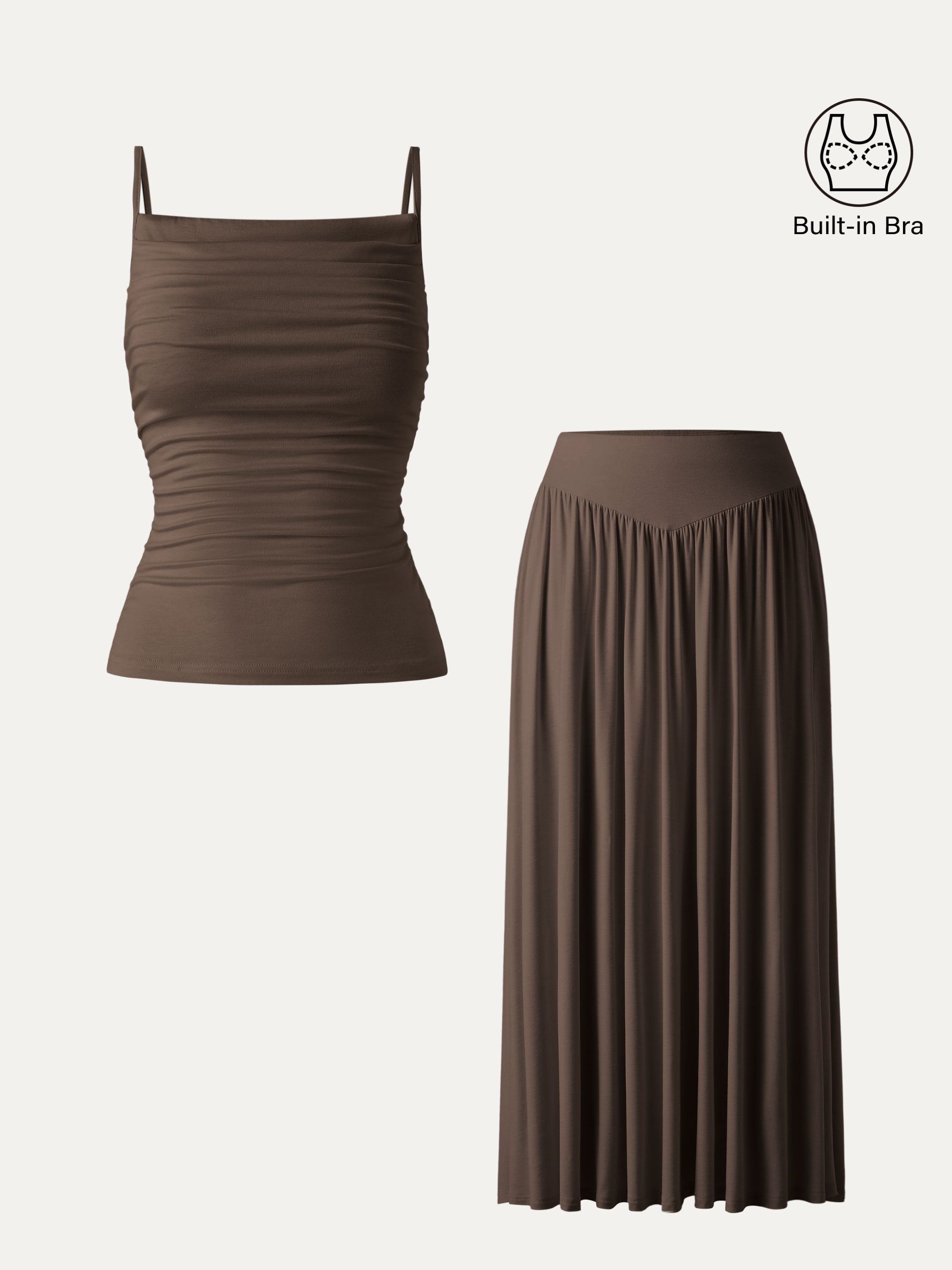 2Pcs Set Adjustable Spaghetti Straps Brami & V-shape Maxi Skirt with Pockets