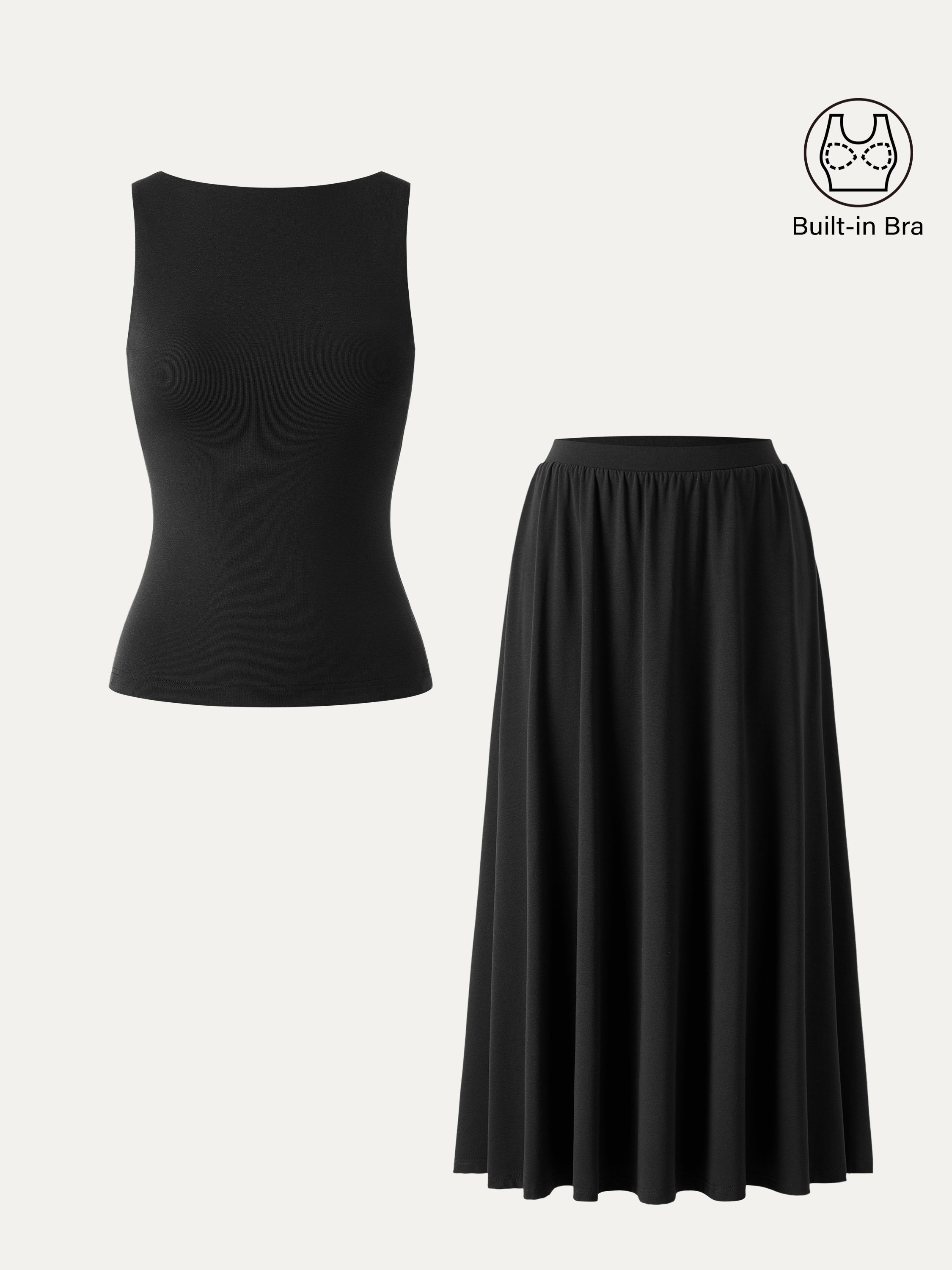 2Pcs Set Stretch Cotton Boatneck Brami Tank & Maxi Umbrella Skirt with Pockets