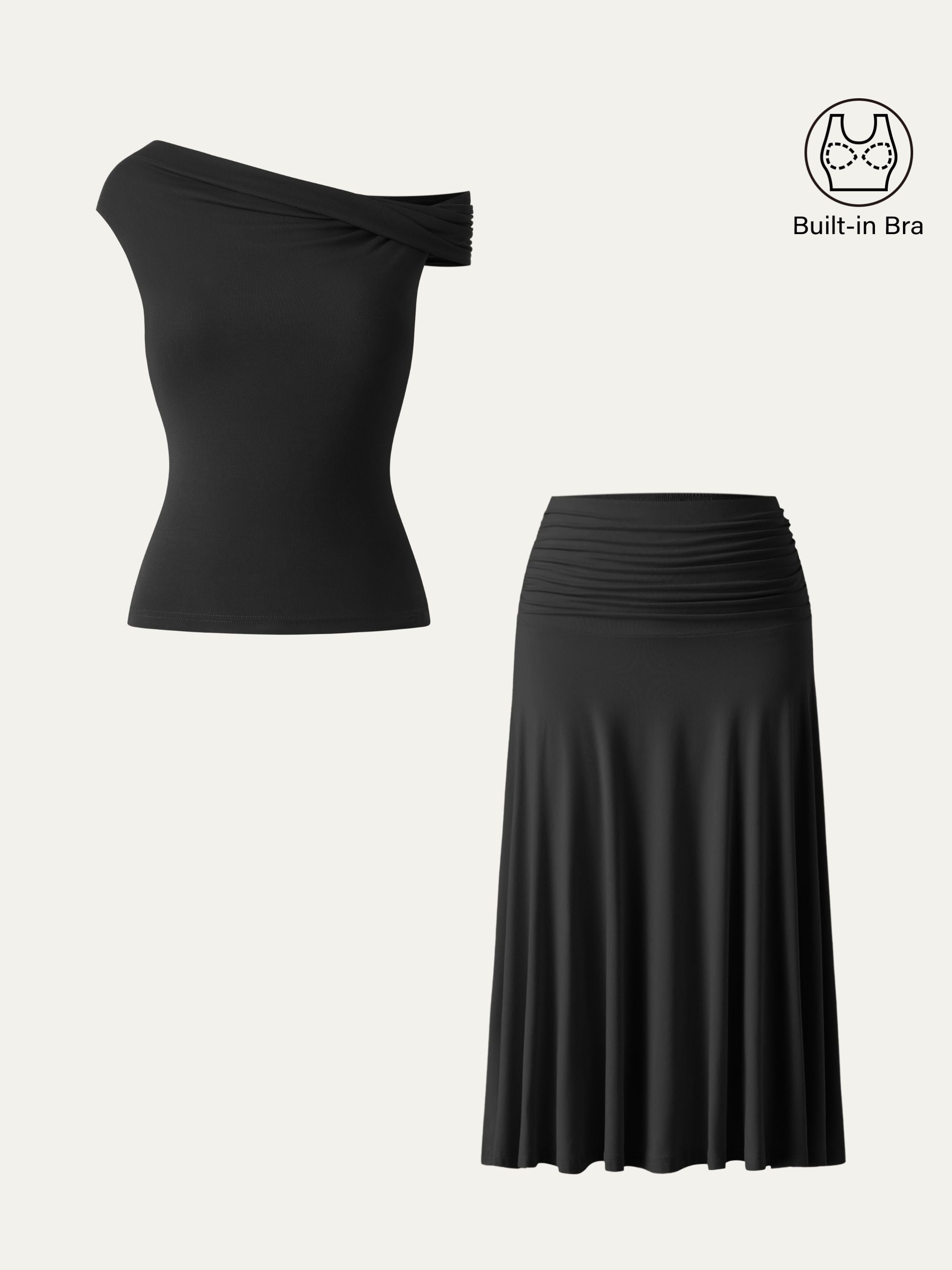 2Pcs Set Multi-wear Versatile Necklines Brami Top & Flowy Side Ruched A-line Midi Skirt