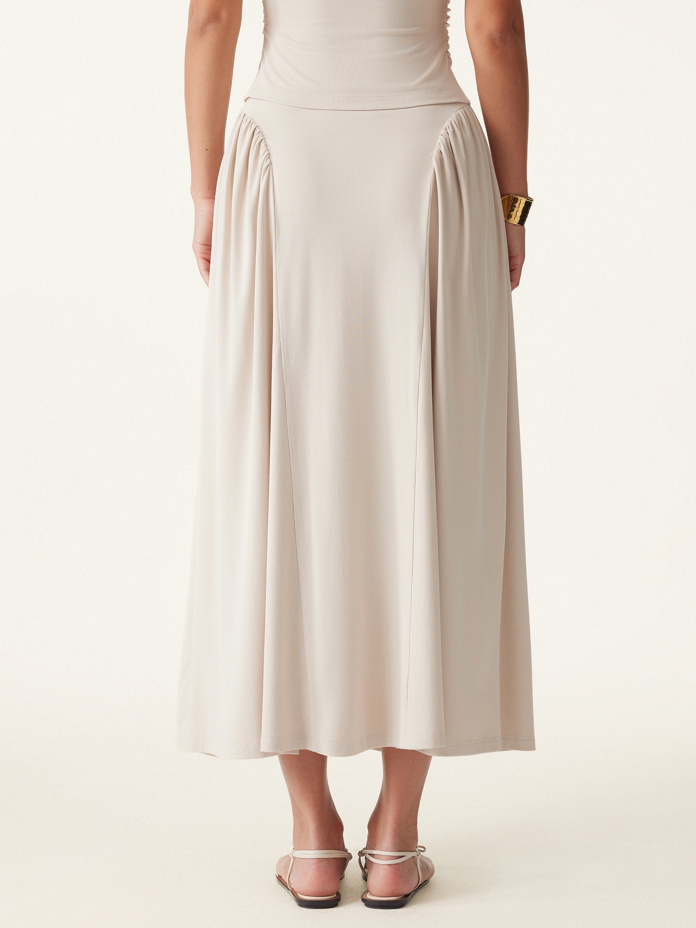 Curved Gathering Flared Midi Skirt with Pockets