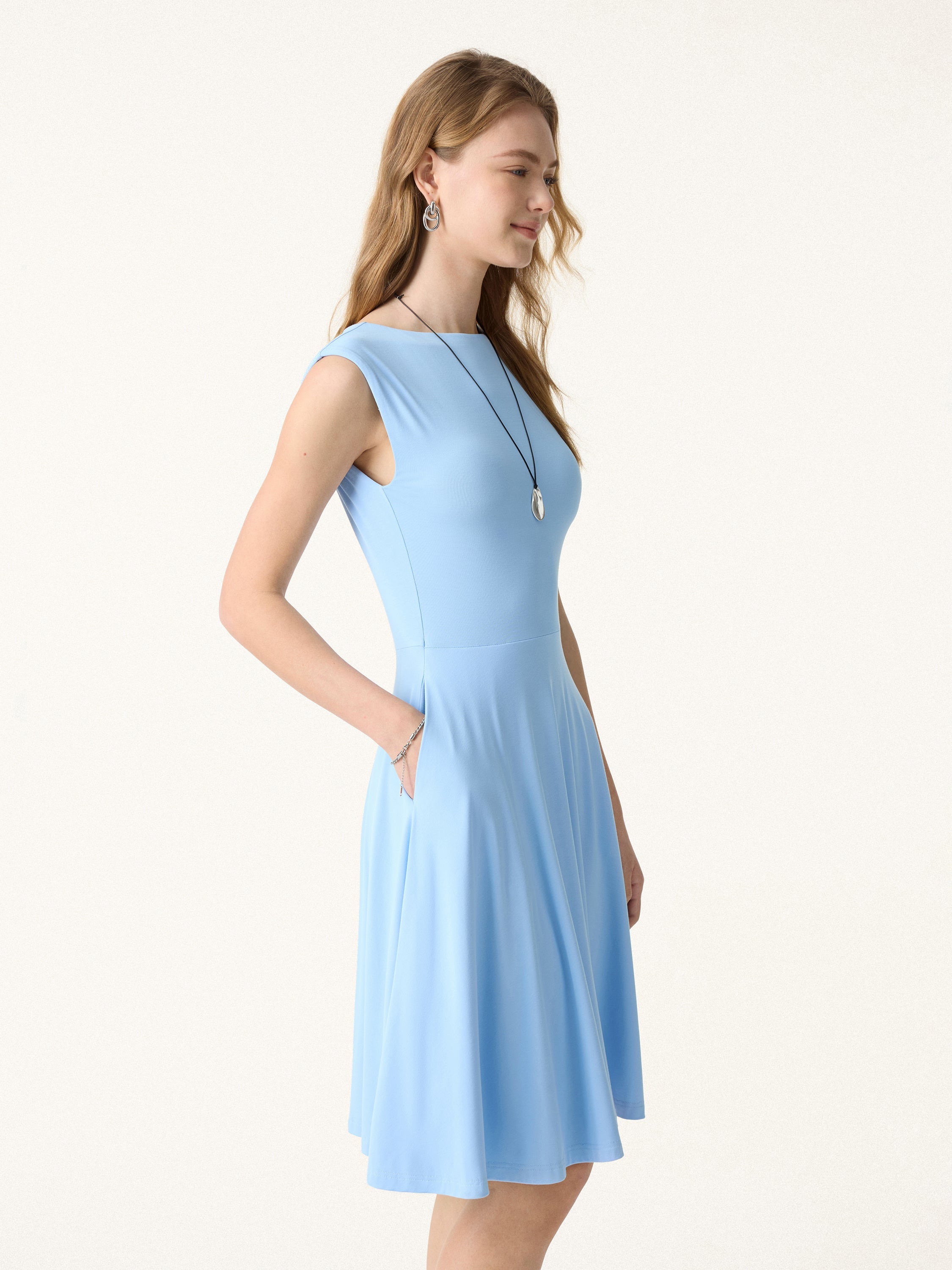 SkinKiss Boatneck Wide Shoulder Brami Dress with Pockets