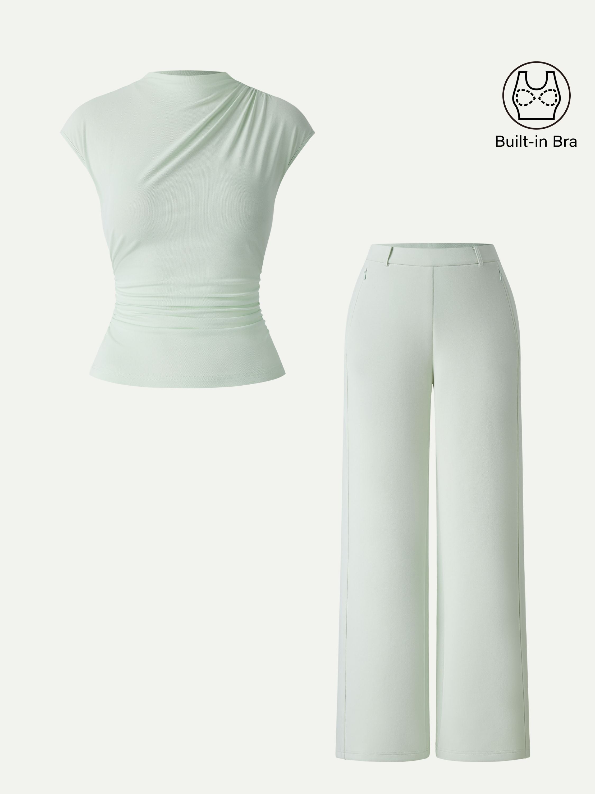 2Pcs Set Mockneck Cropped Brami & Slimming High Rise Wide Leg Pants