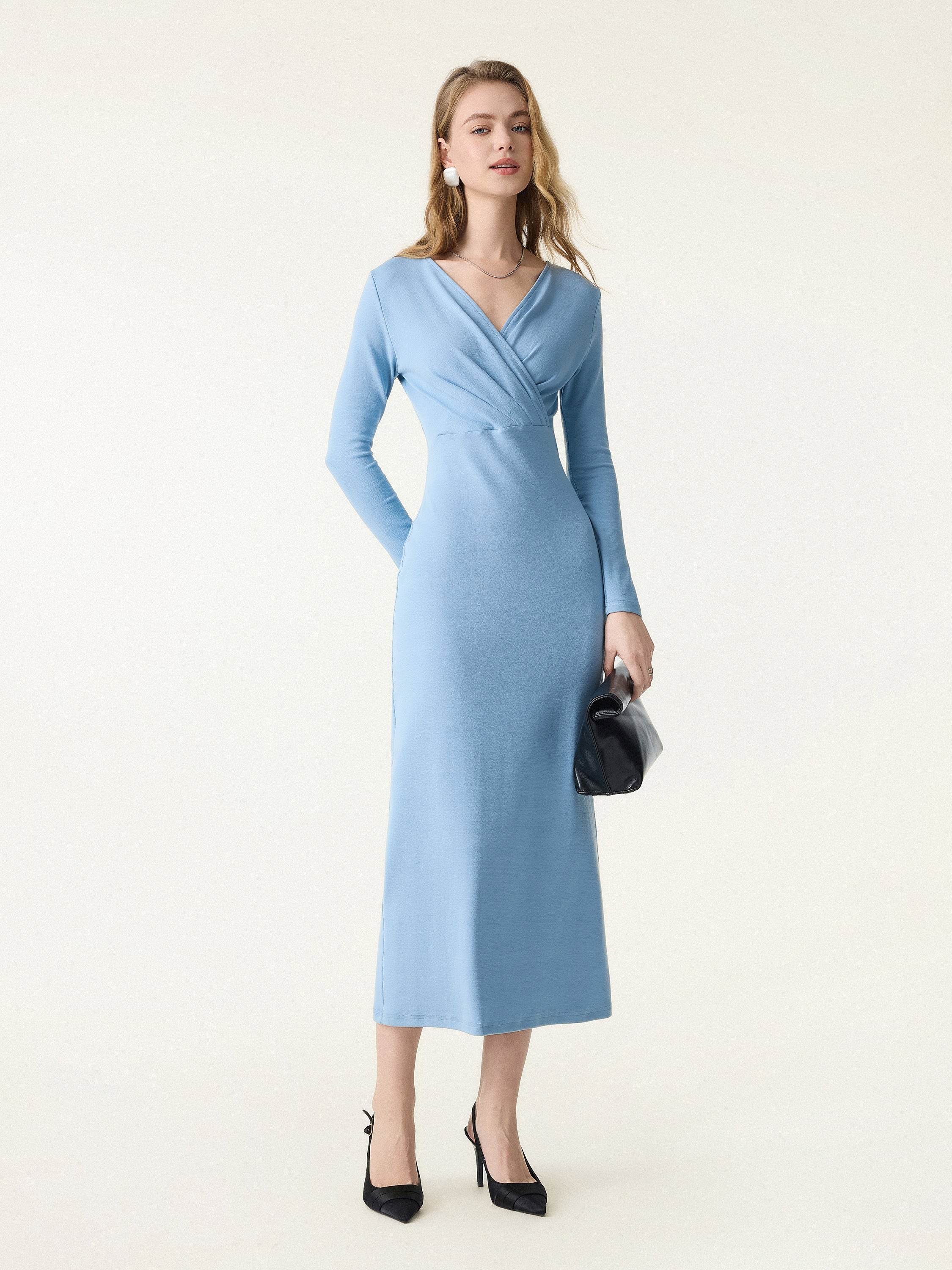Cotton Lyocell Surplice Tucked H-line Midi Dress