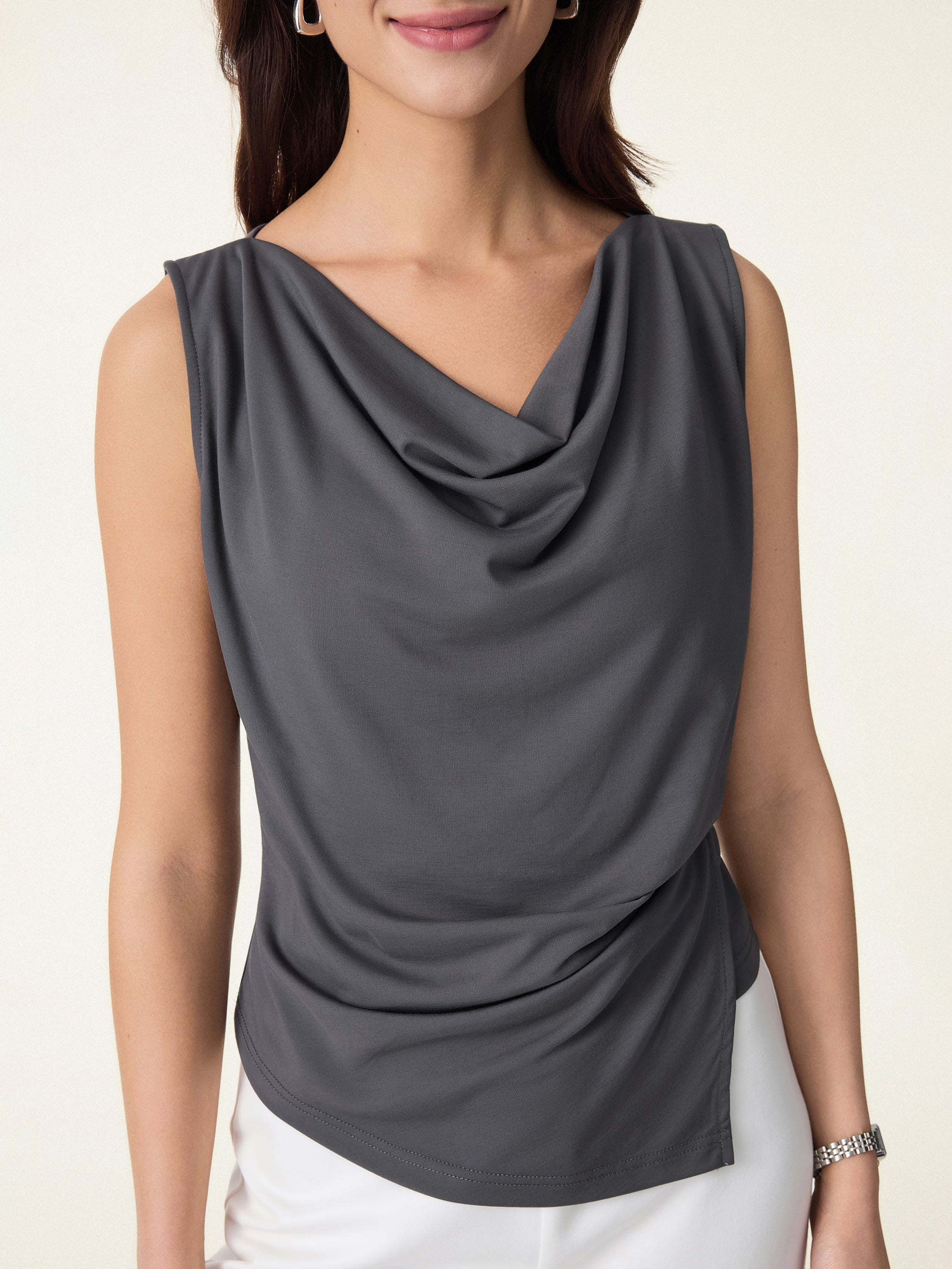 Cowl Neck Asymmetrical Tucked Sleeveless Top