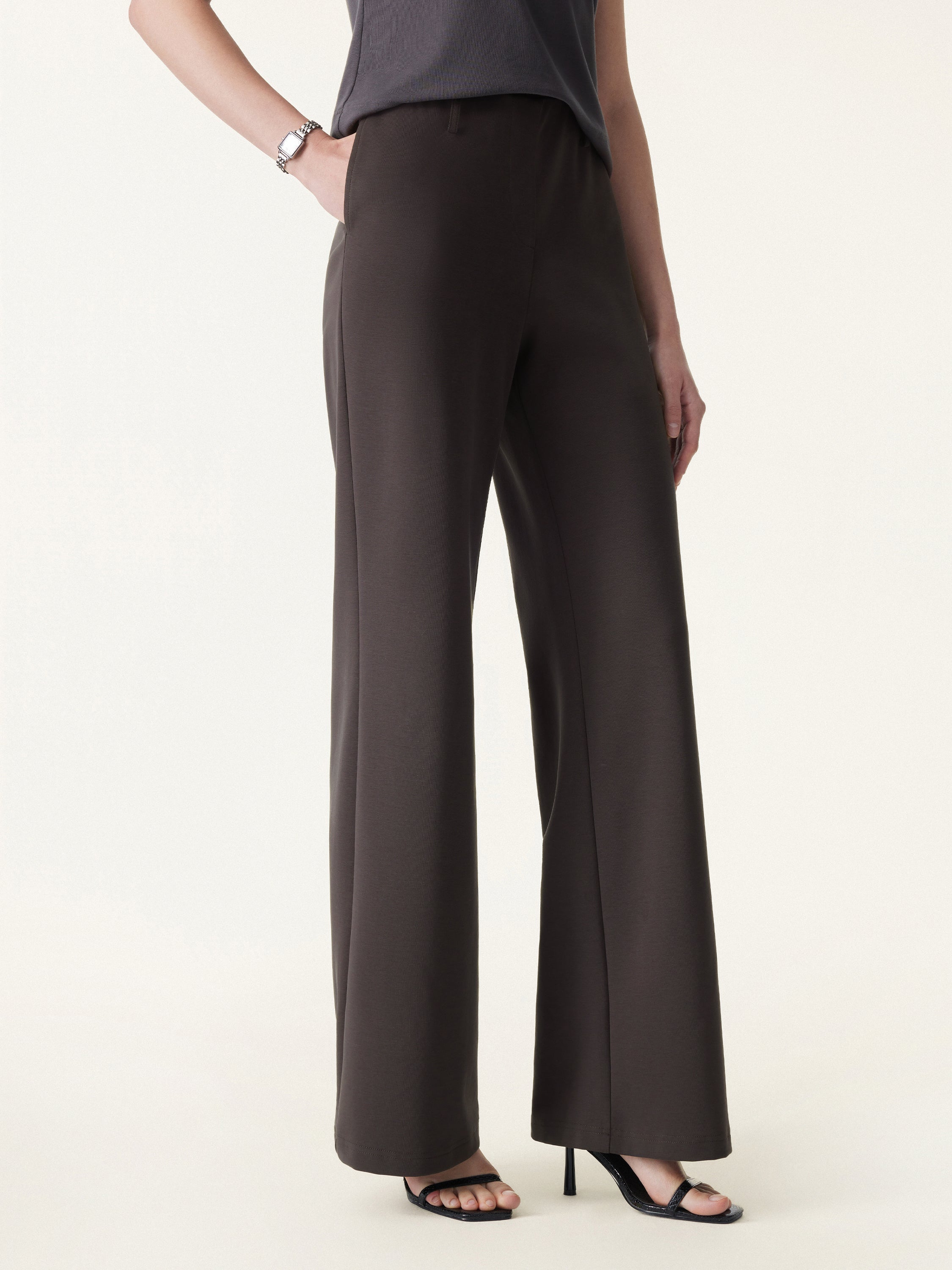 Stretch Cotton Mid Rise Flared Wide Leg Pull-on Pants with Pockets