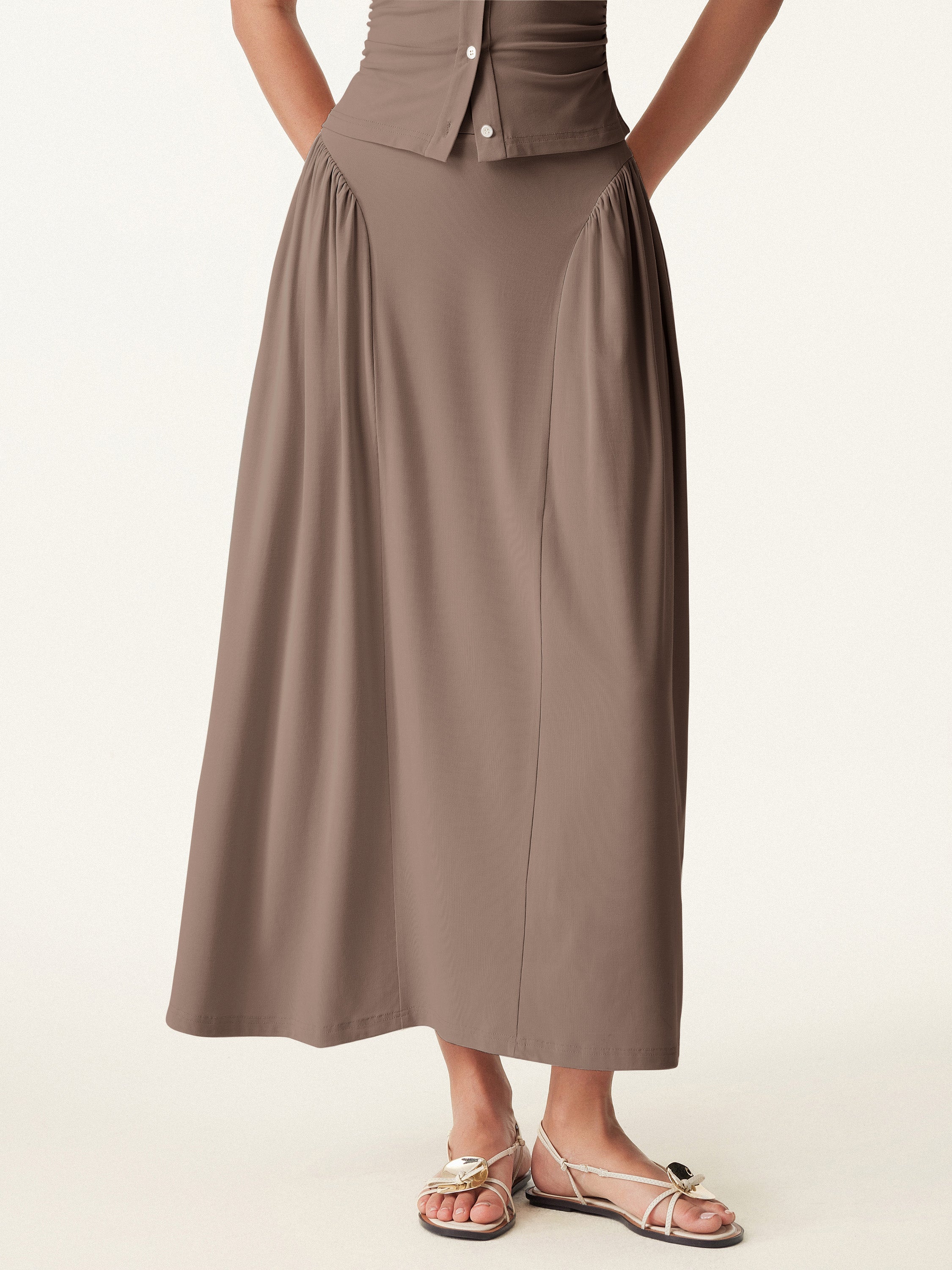 Curved Gathering Flared Midi Skirt with Pockets