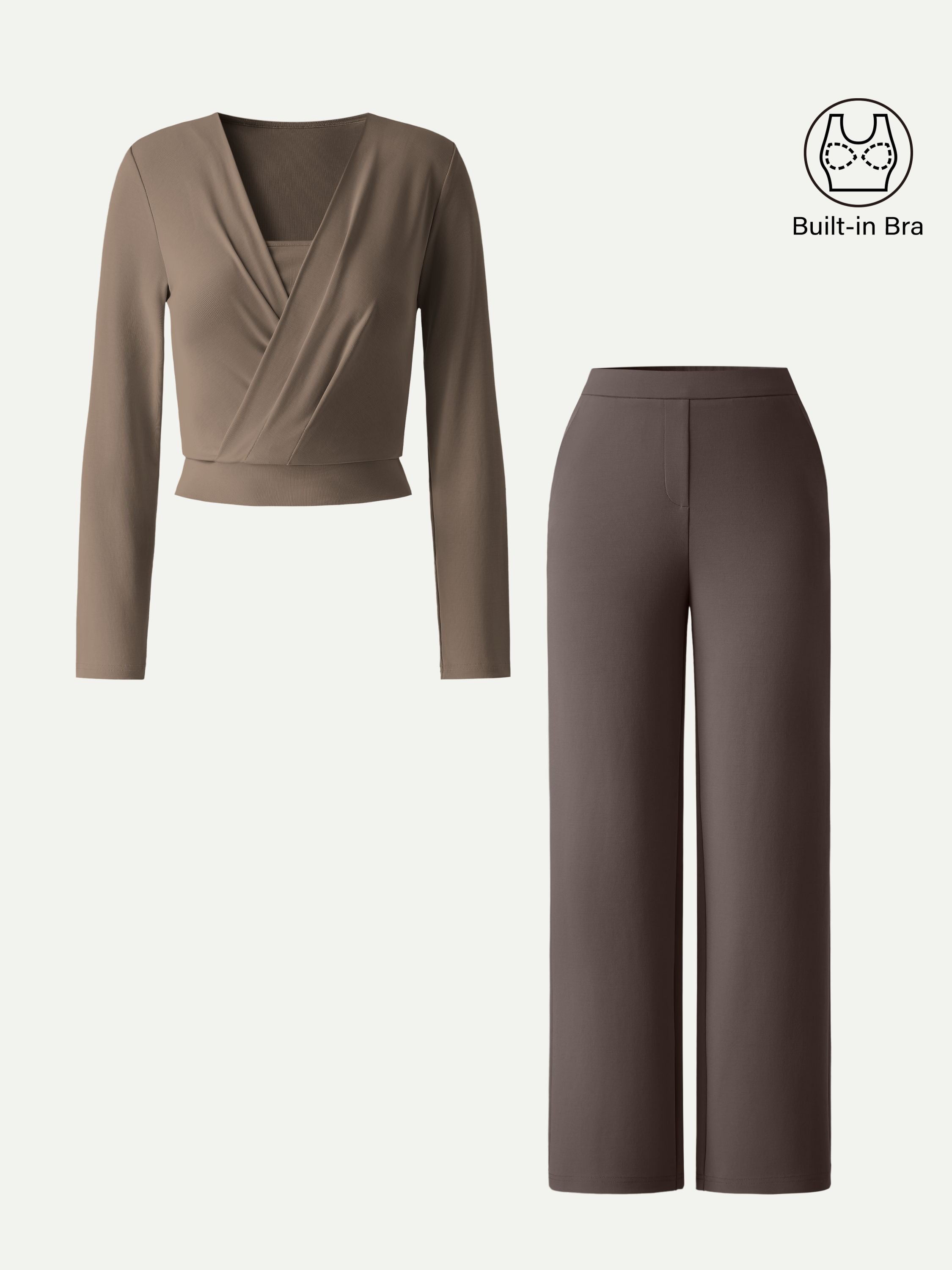 2Pcs Set Modal 2-in-1 Wrap Brami Top & Straight Leg Pull-on Travel Pants