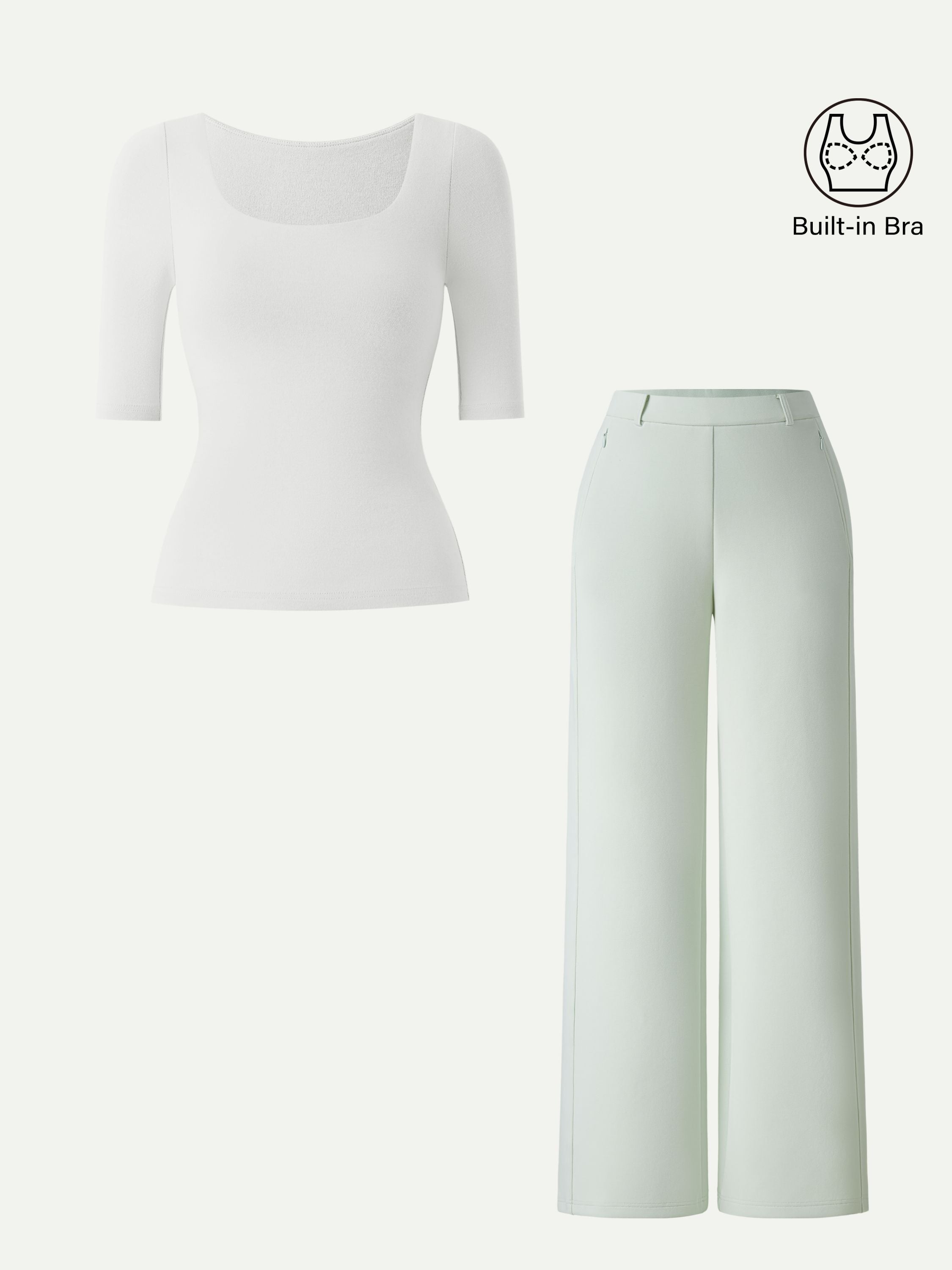 2Pcs Set Square Neck Elbow Length Sleeve Brami & High Rise Wide Leg Pants