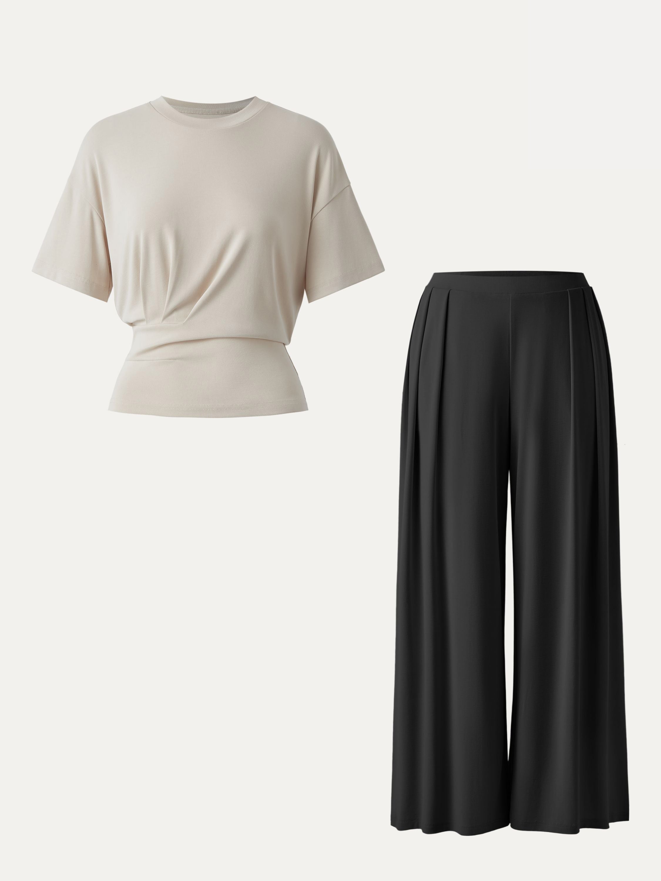 2Pcs Set Crewneck Short Sleeve Tee & Mid Rise Pleated Wide Leg Pants with Pockets