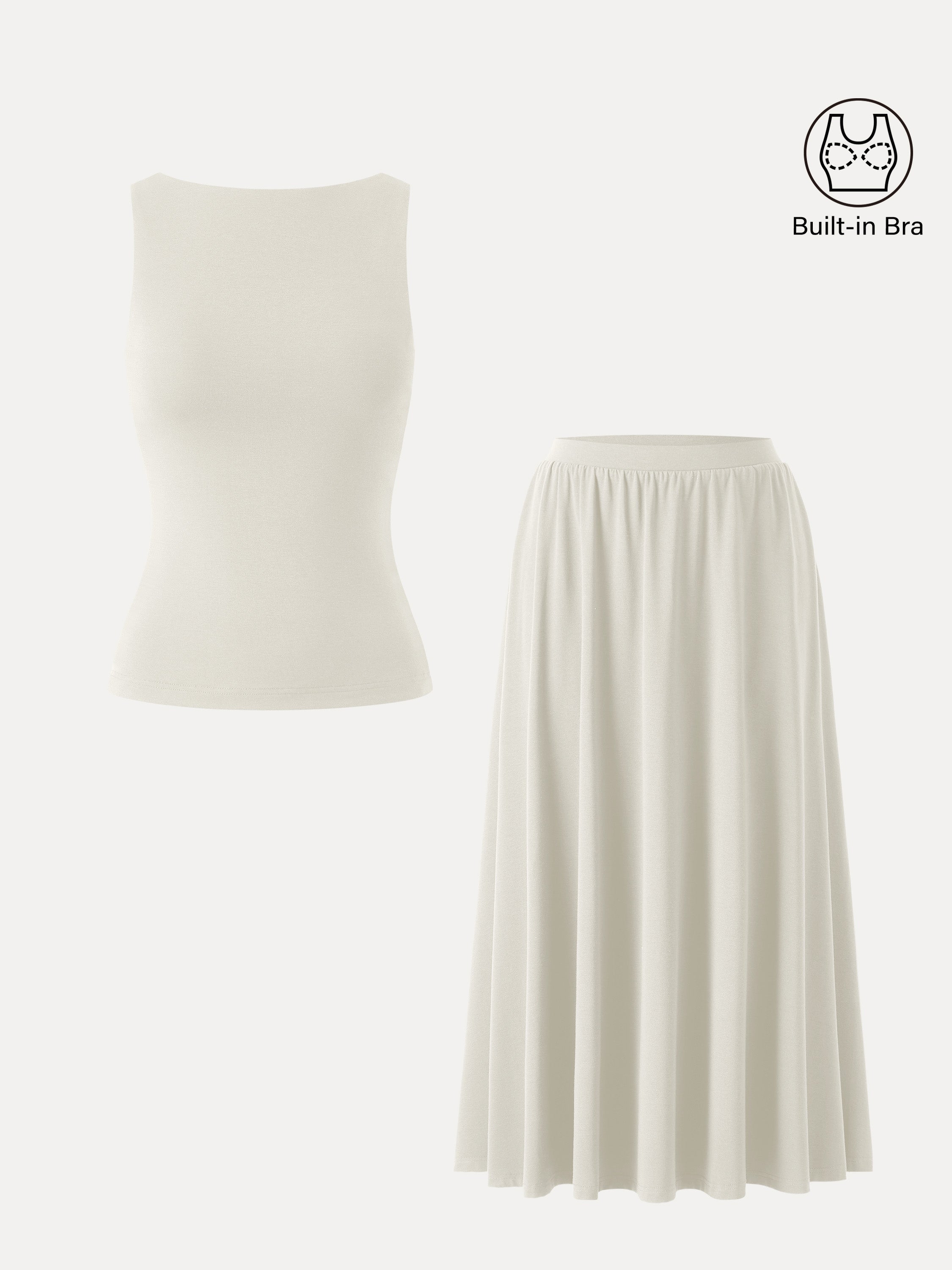 2Pcs Set Stretch Cotton Boatneck Brami Tank & Maxi Umbrella Skirt with Pockets