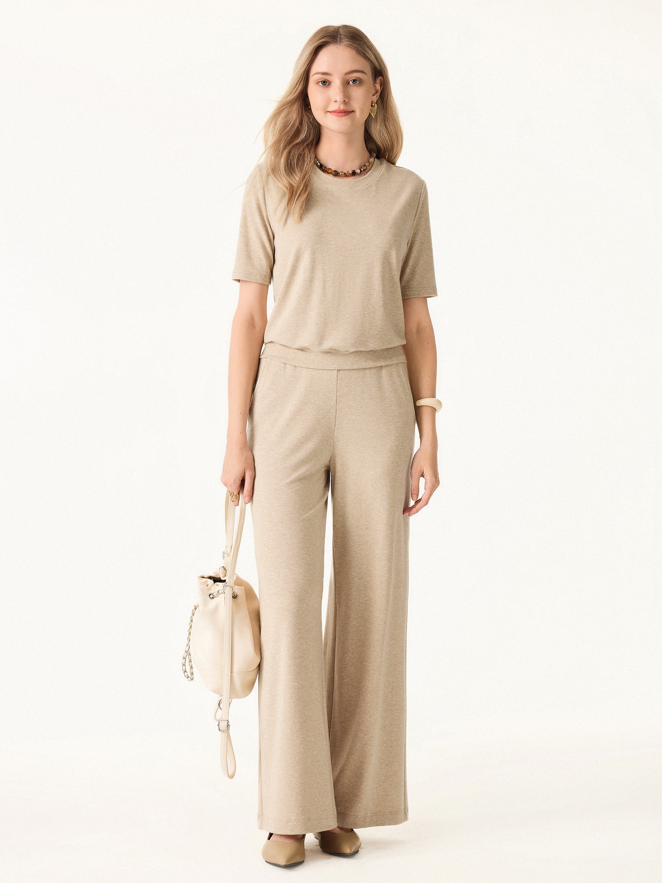 2Pcs Set Regular Mid Rise Wide Leg Pants & Crewneck Brami
