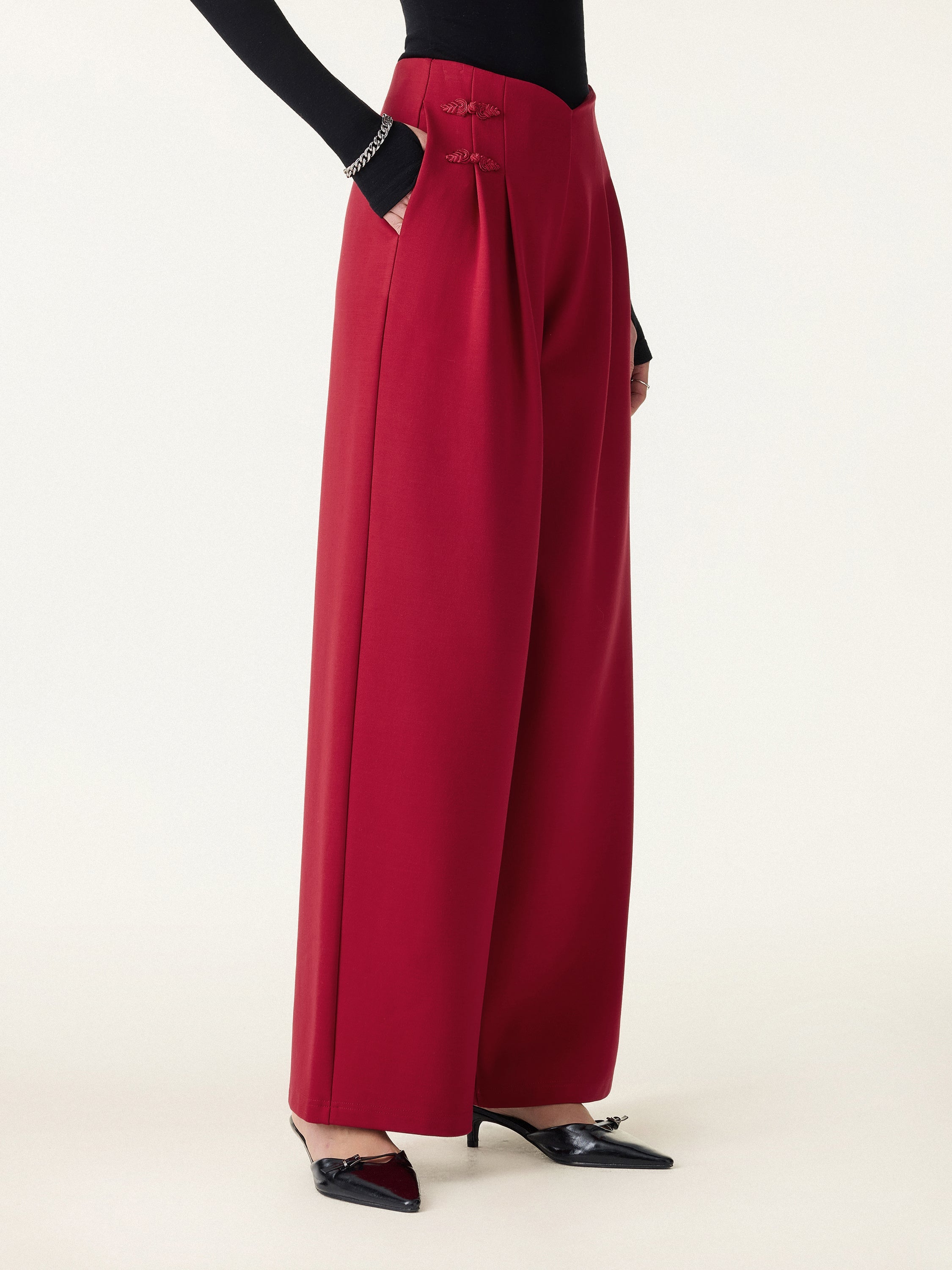 Statement Frog Button High Rise Wide Leg Pants with Pockets Limited Edition