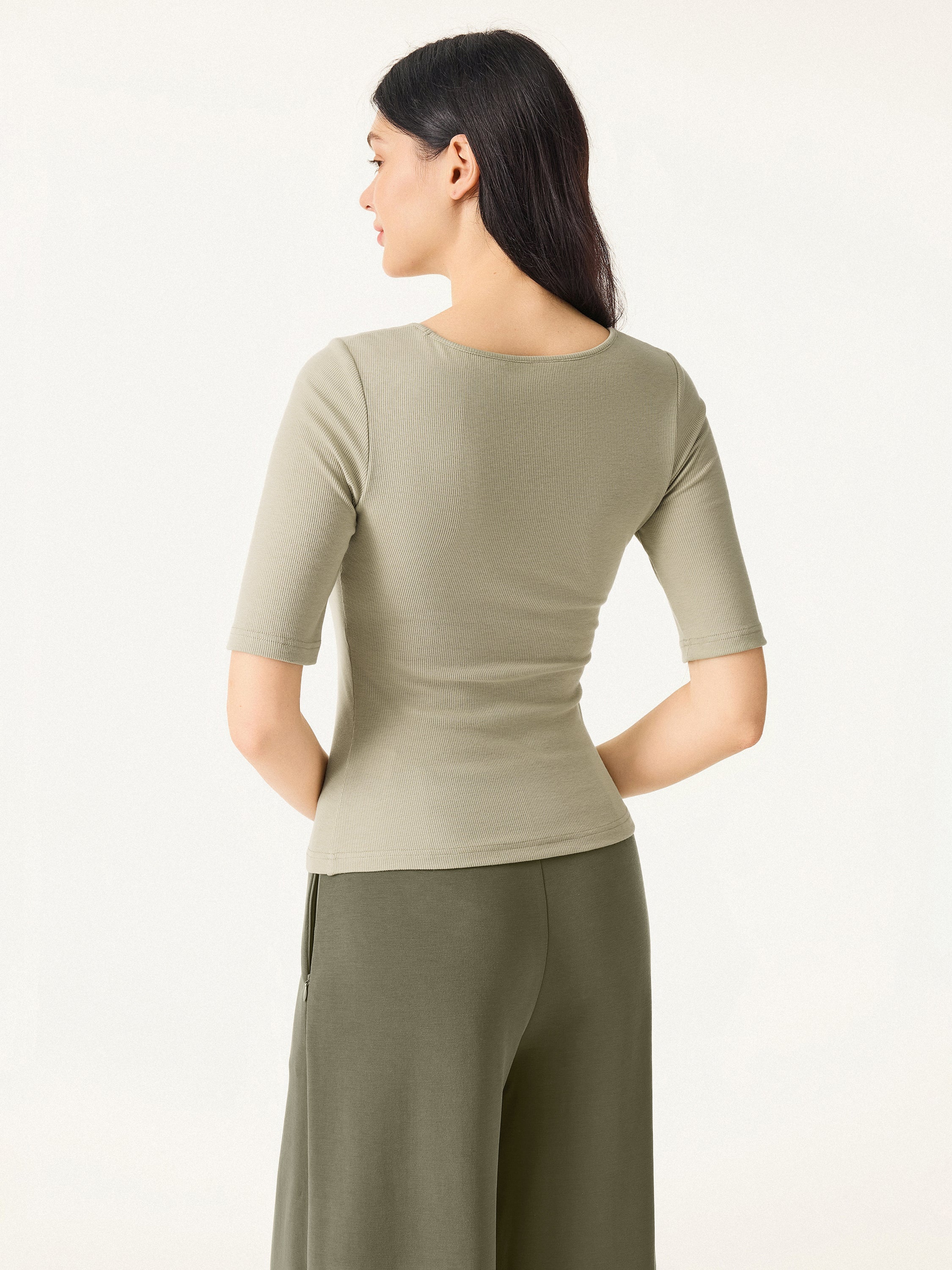 Essential Stretch Cotton Square Neck Elbow Length Sleeve Brami