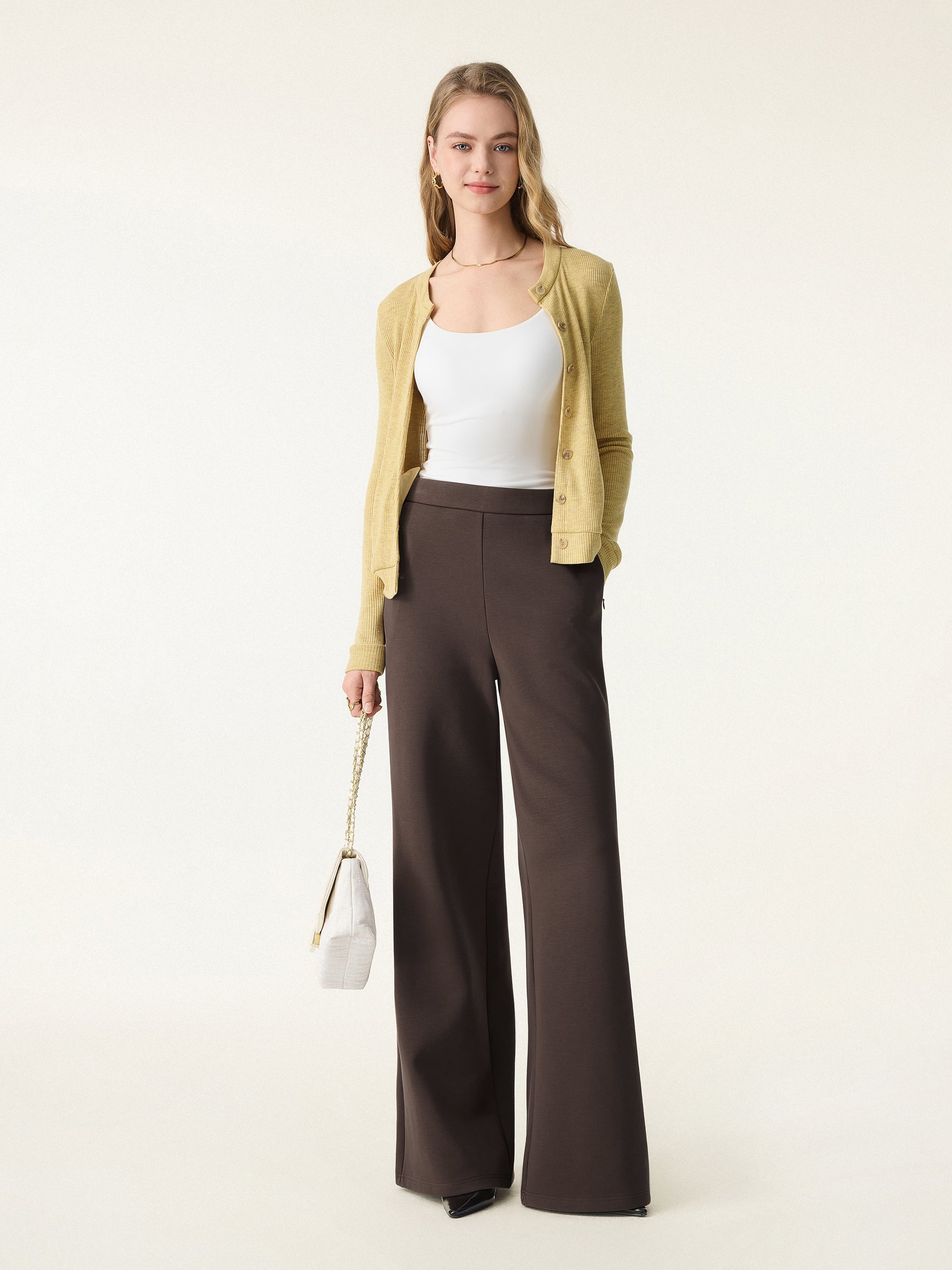 Petite Stretch Cotton Blend High Rise Flared Pull-on Pants