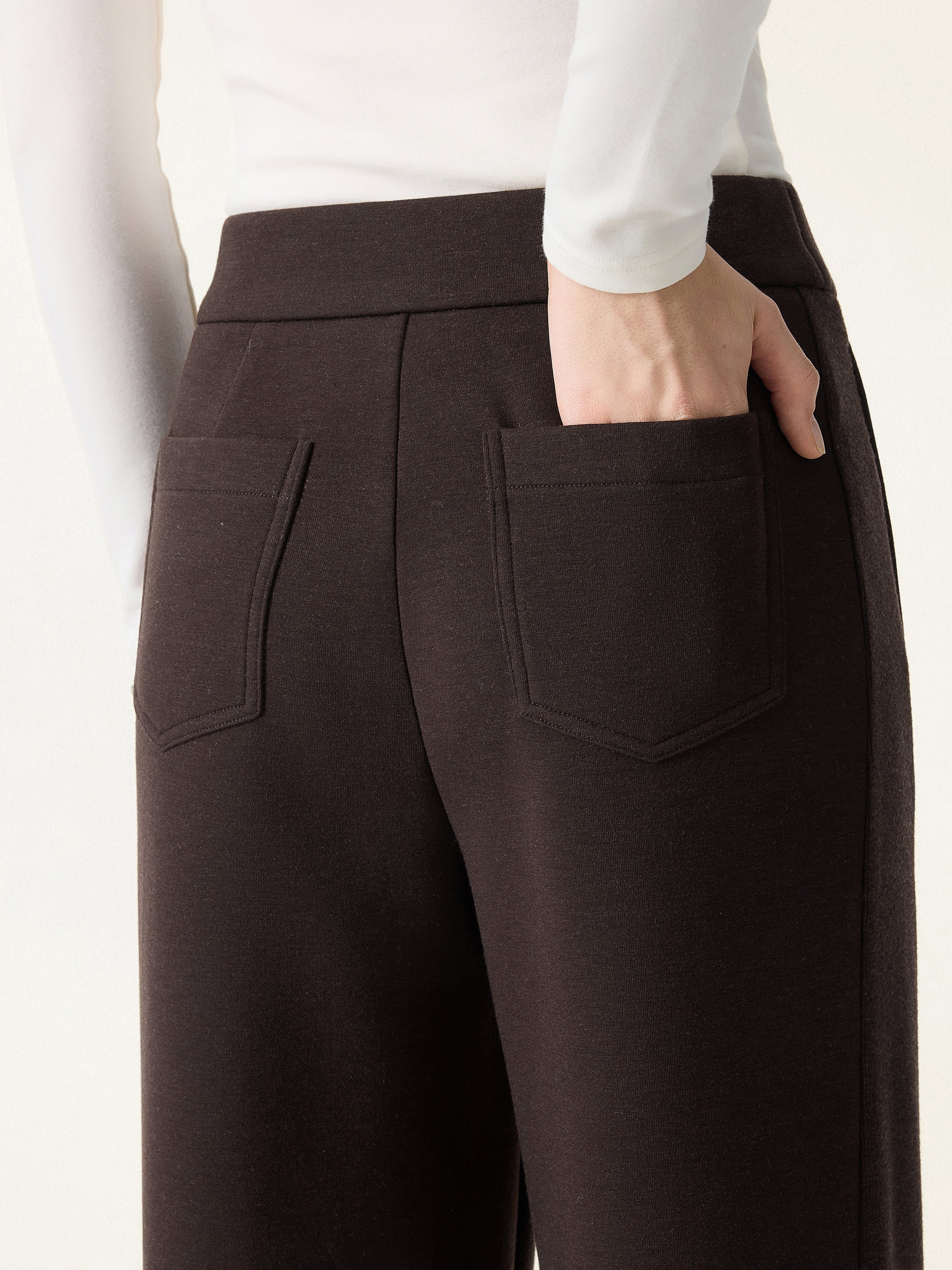 Ribbed Panel Mid Rise Wide Leg Pants with Pockets