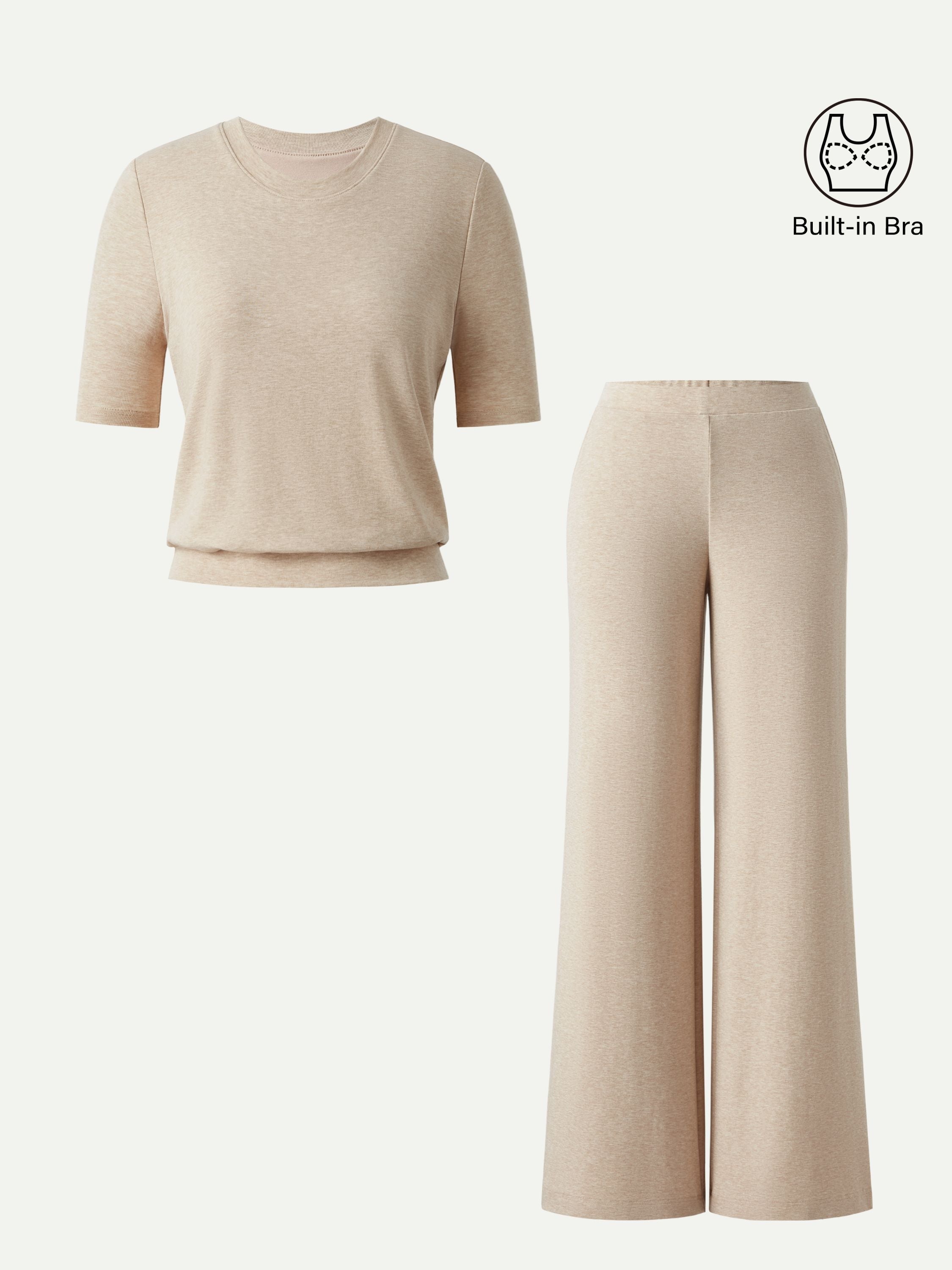2Pcs Set Regular Mid Rise Wide Leg Pants & Crewneck Brami