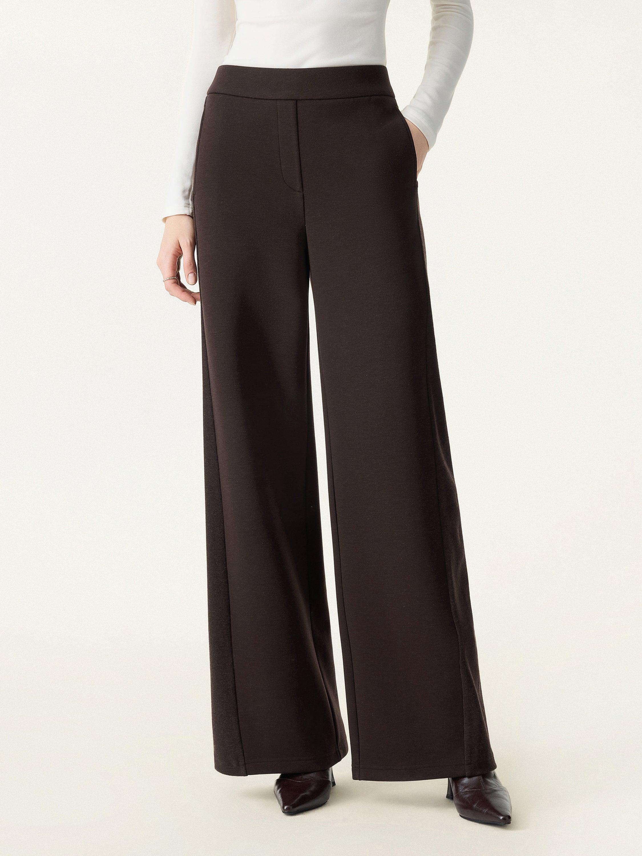 Ribbed Panel Mid Rise Wide Leg Pants with Pockets