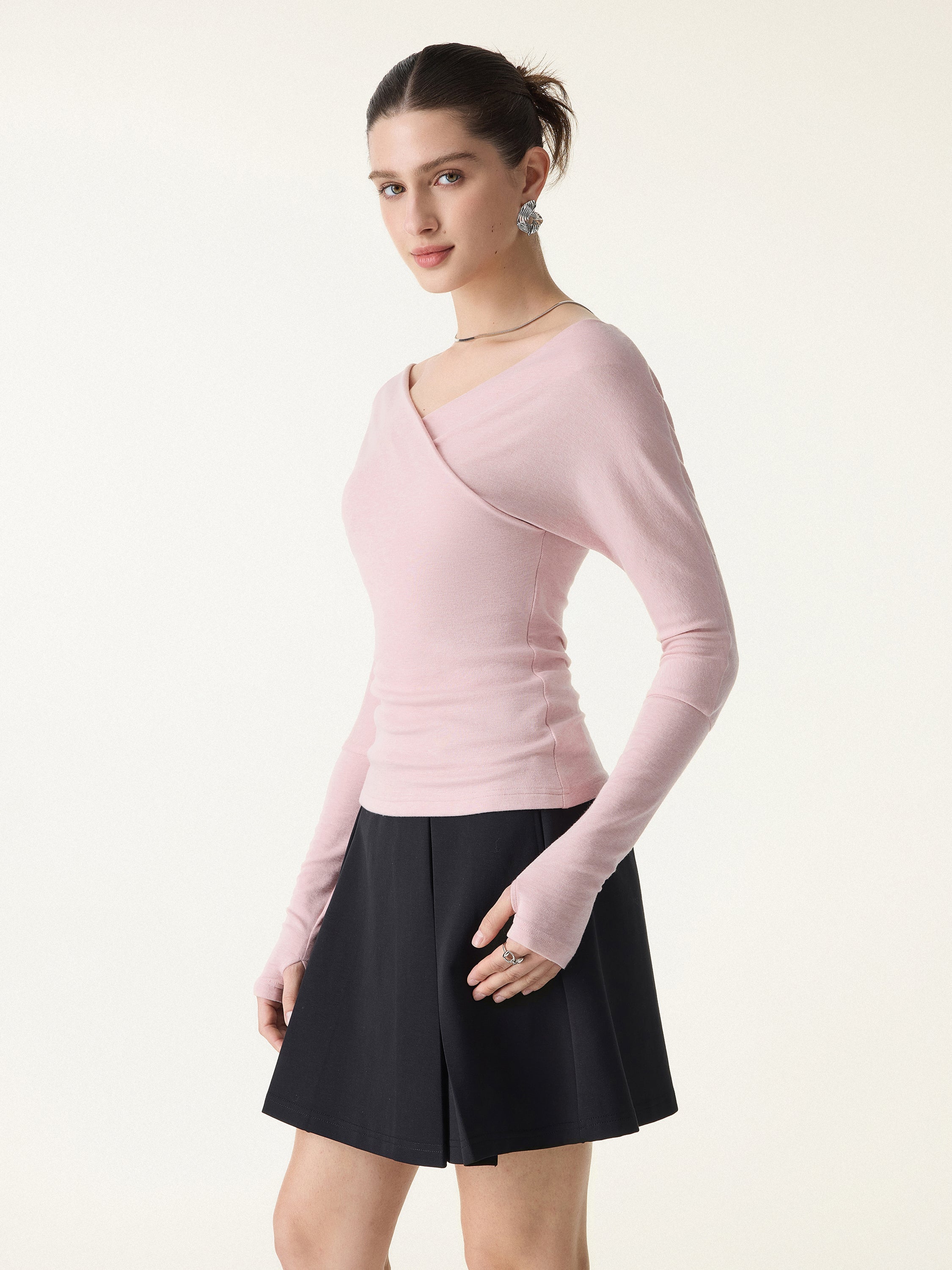 Lyocell Wool Surplice Long Sleeve Top with Thumbholes