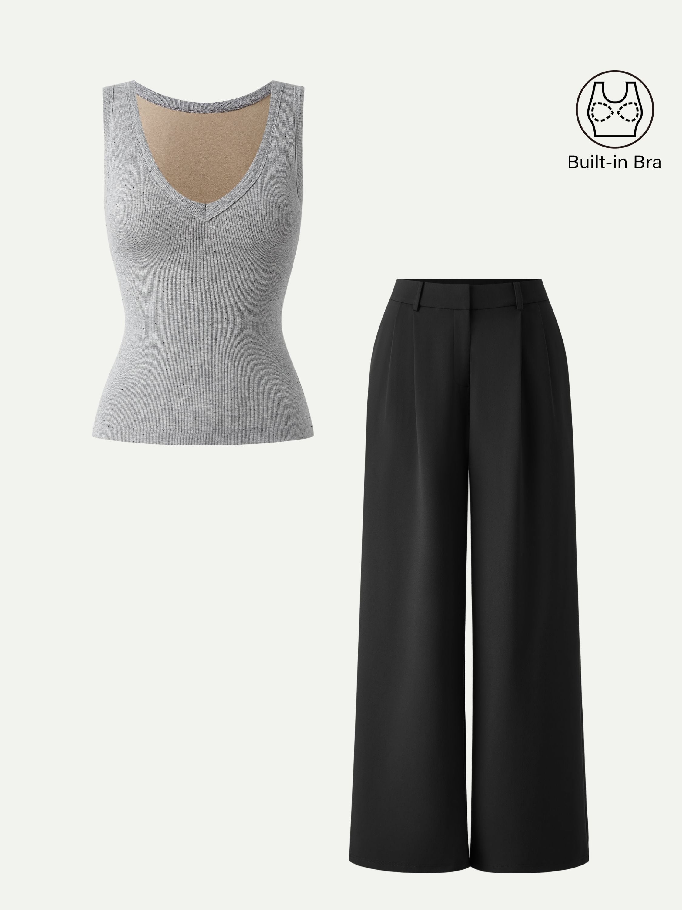 2Pcs Set V-neck Brami Tank & Wide Leg Pant with Pockets