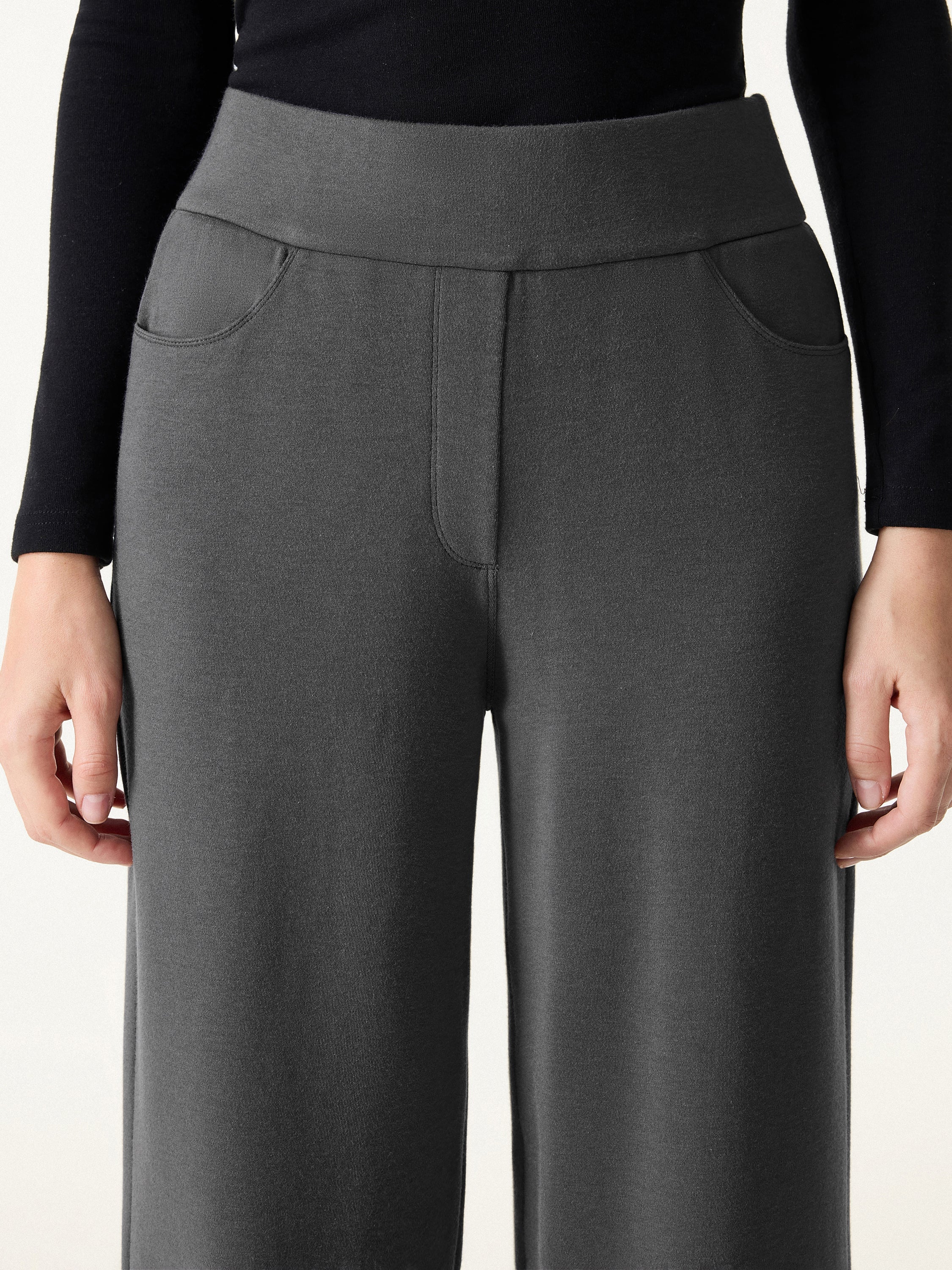 Mid Rise Wide Waistband Wide Leg Pull-on Pants with Pockets