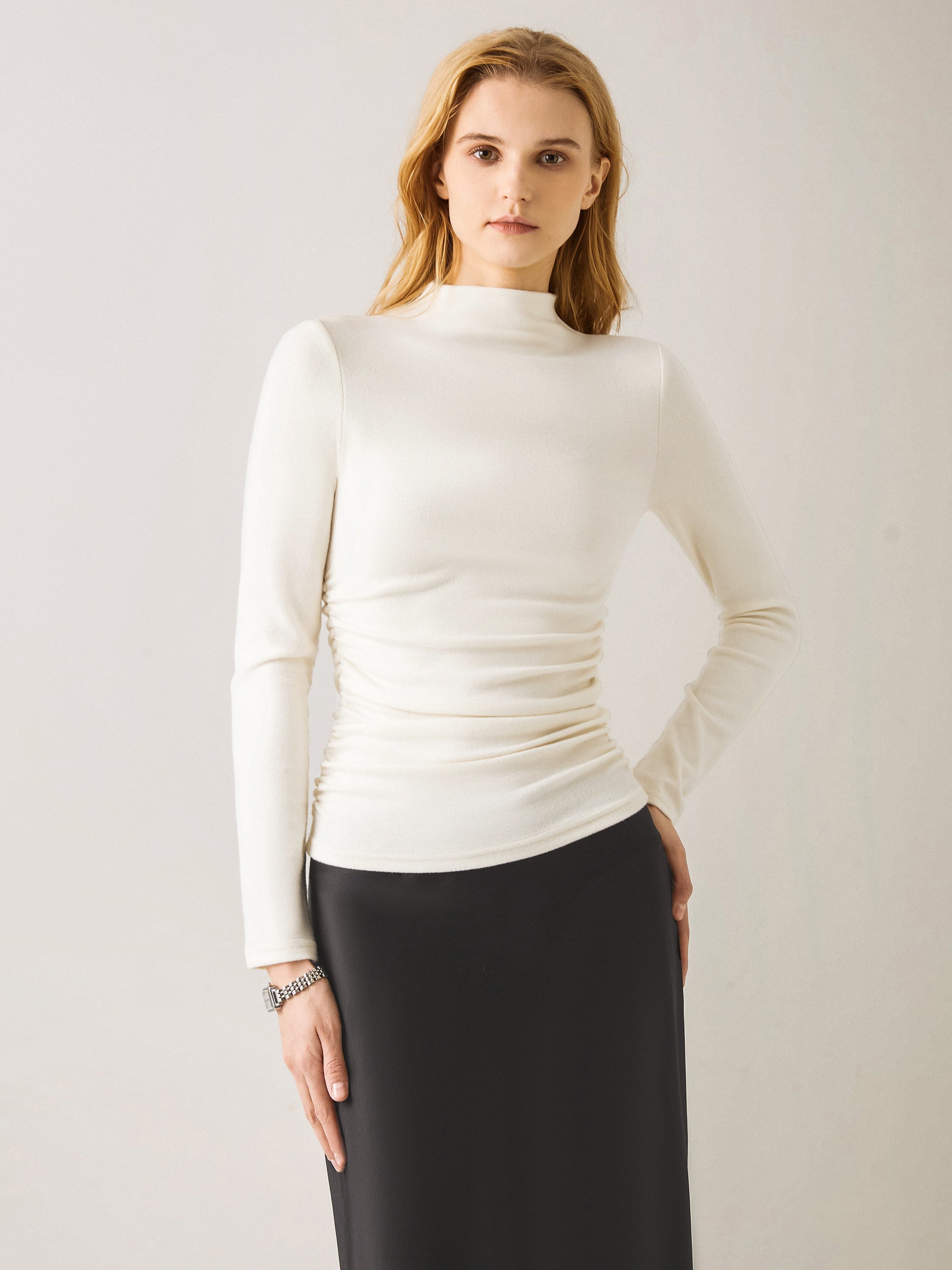2Pcs Set Ruched Sides Tuckable Mockneck Top & Flared Maxi Skirt