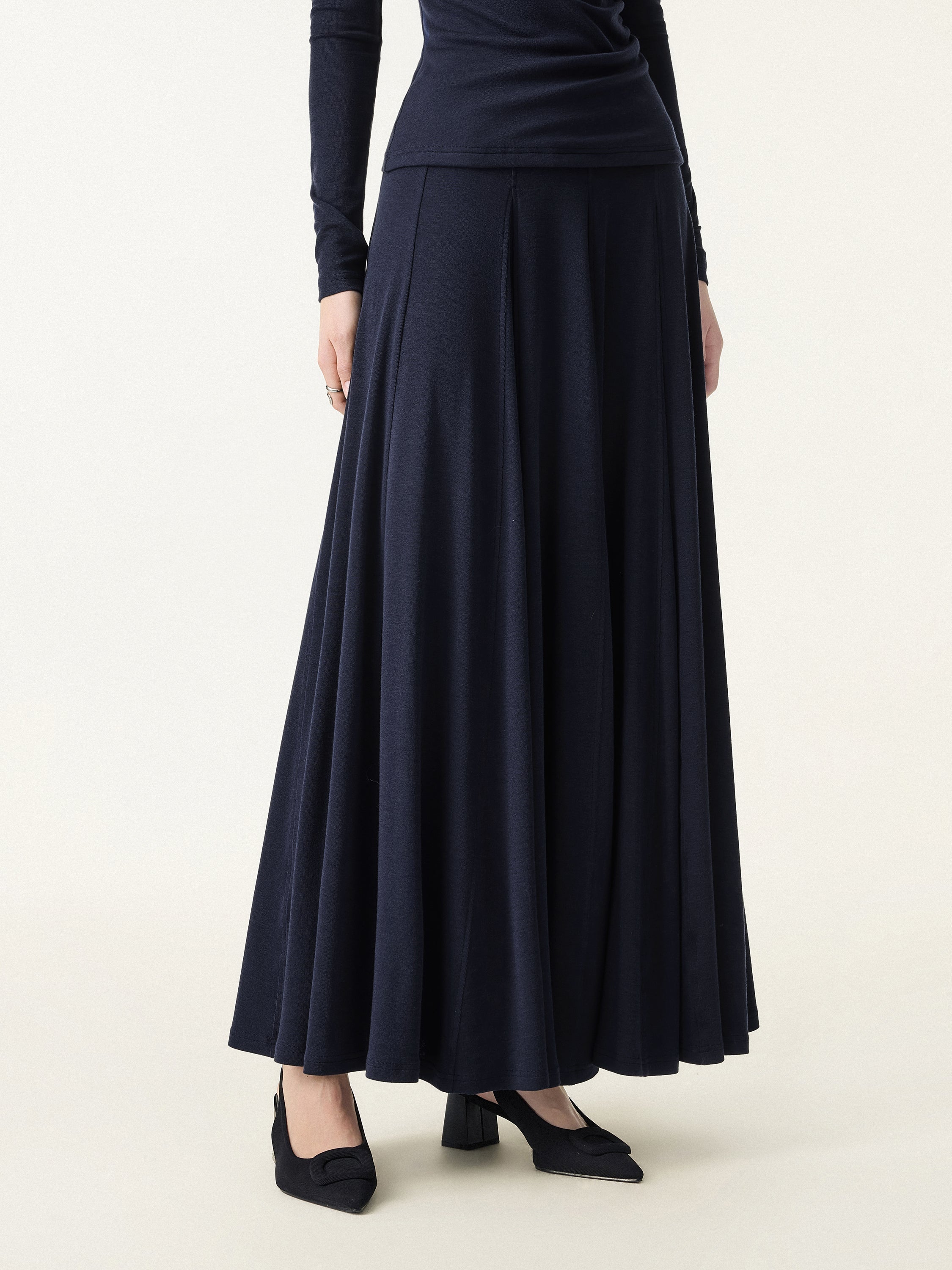 Lyocell Wool Godet Hem Pull-on Maxi Skirt