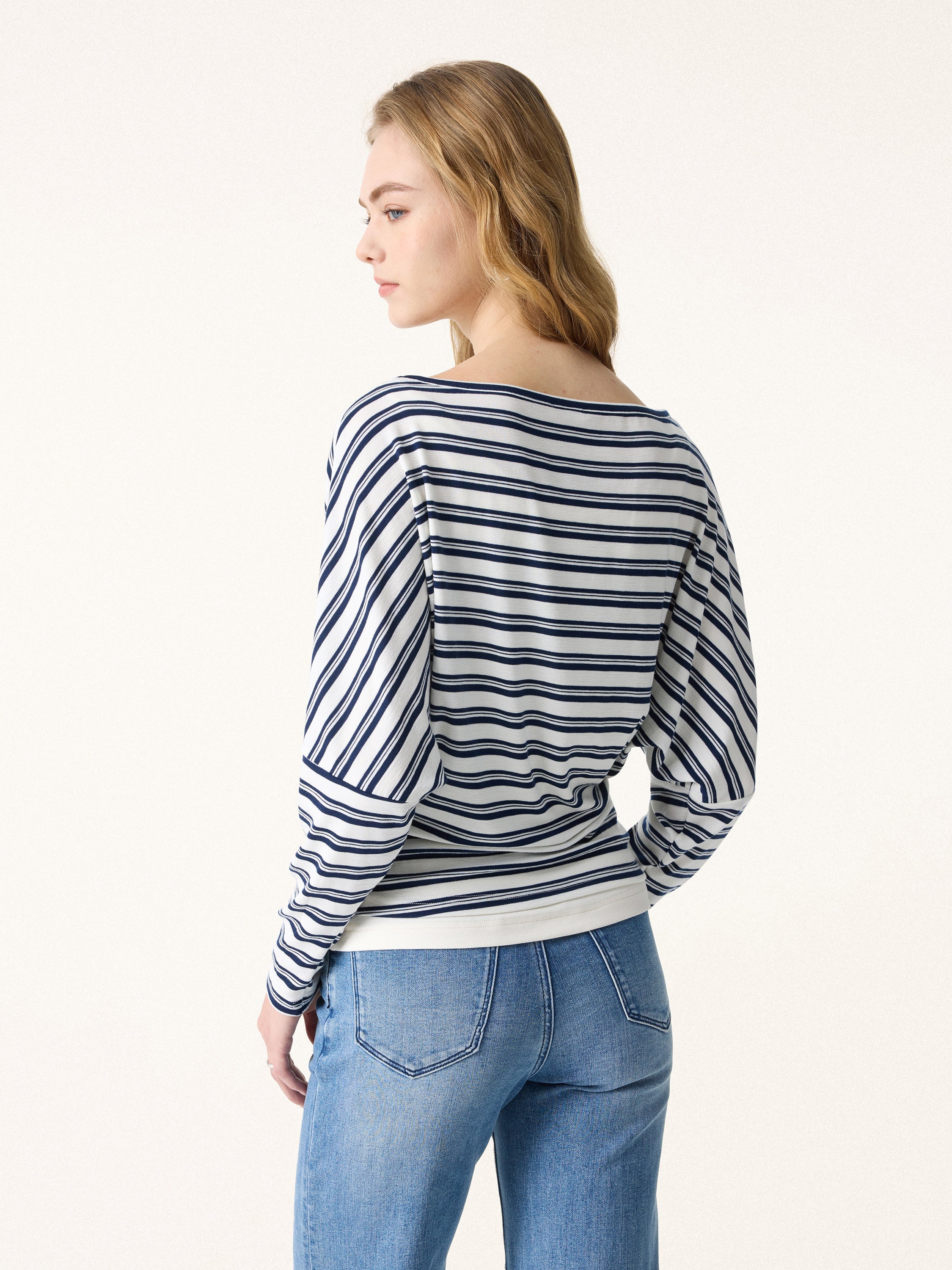 Lyocell Wool Striped Boatneck Batwing Sleeves Top