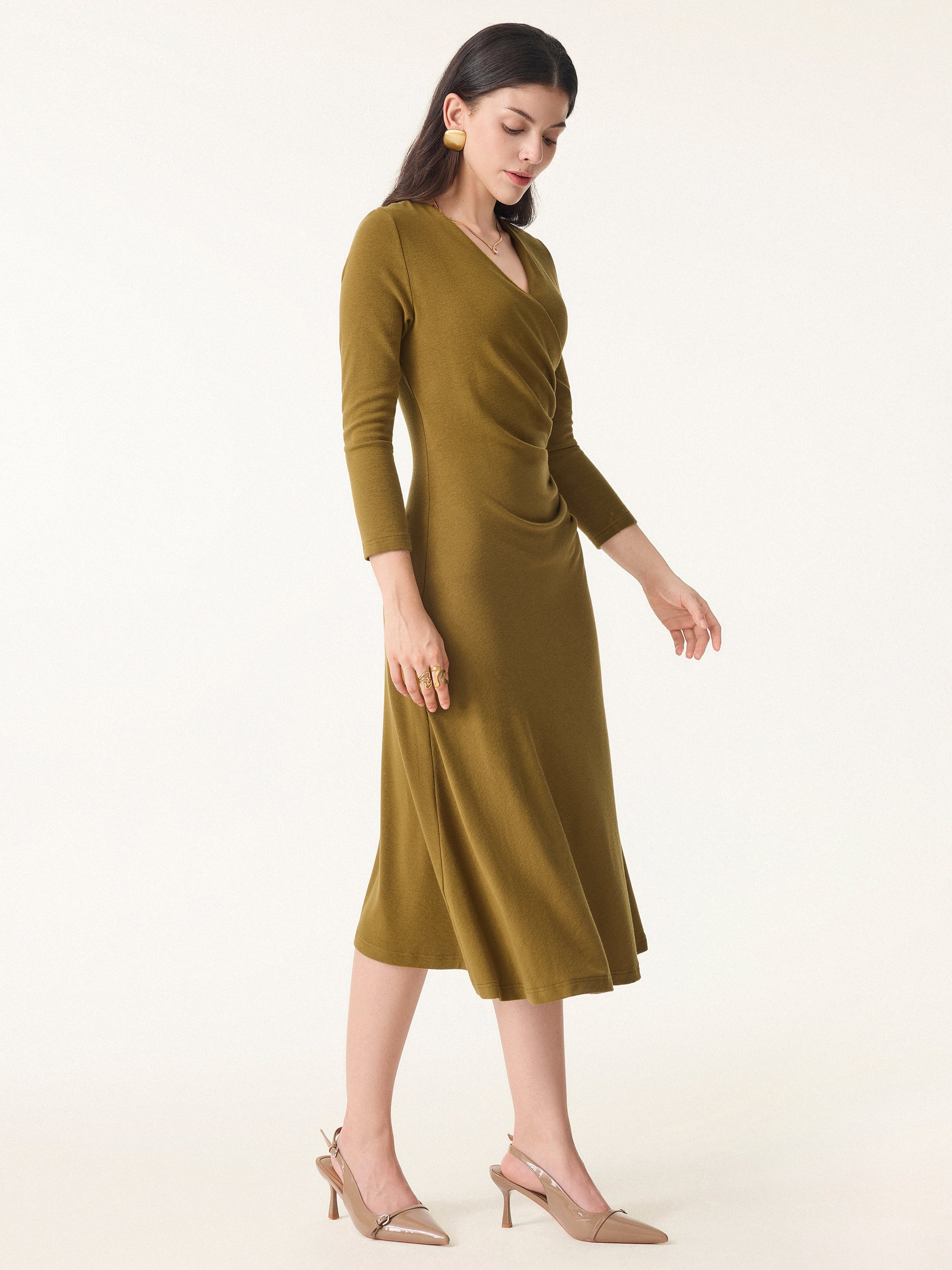 Slimming Surplice 3/4 Sleeve Midi Dress