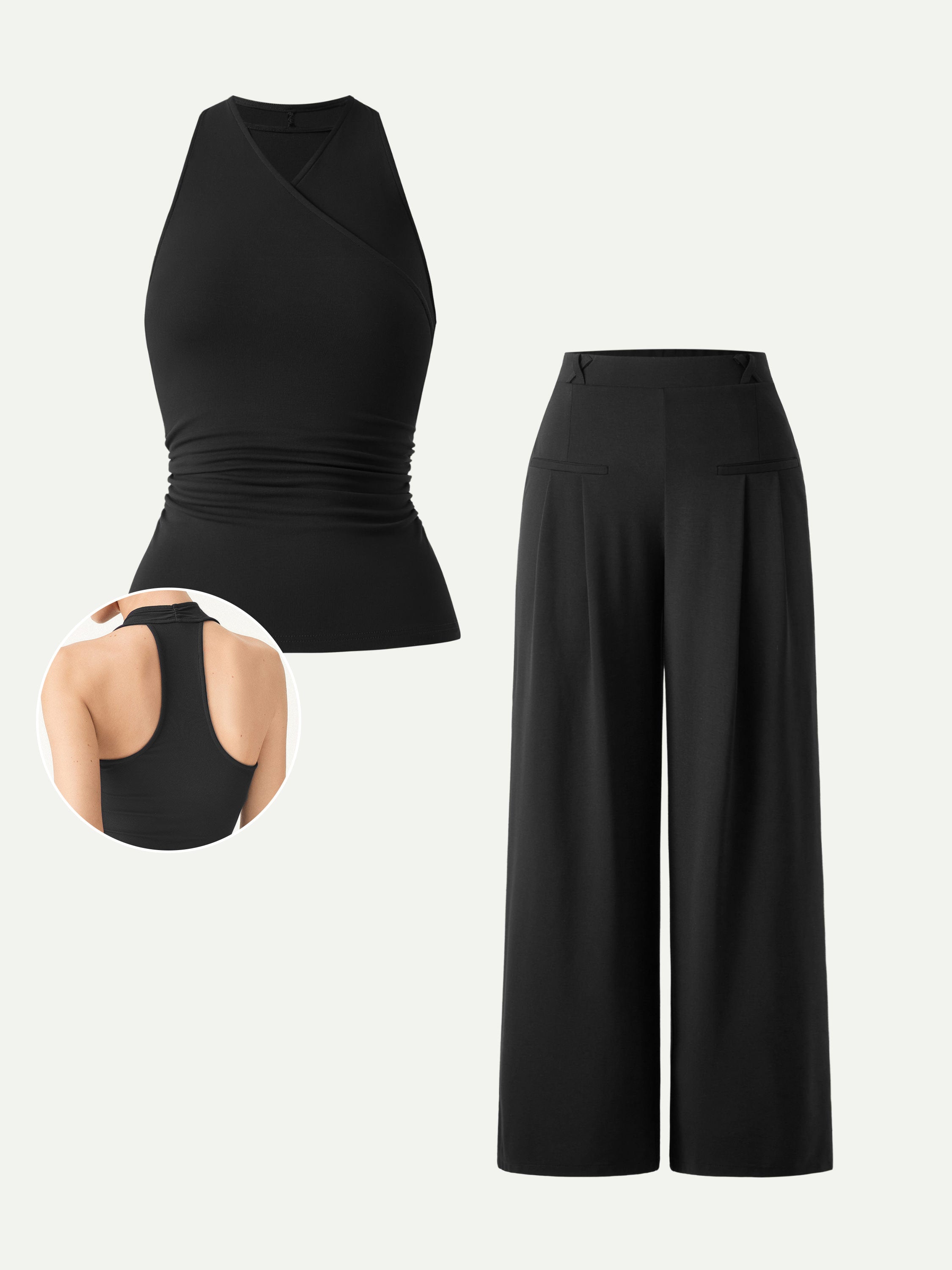2Pcs Set Surplice Sleeveless Top & Mid Rise Wide Leg Trouser