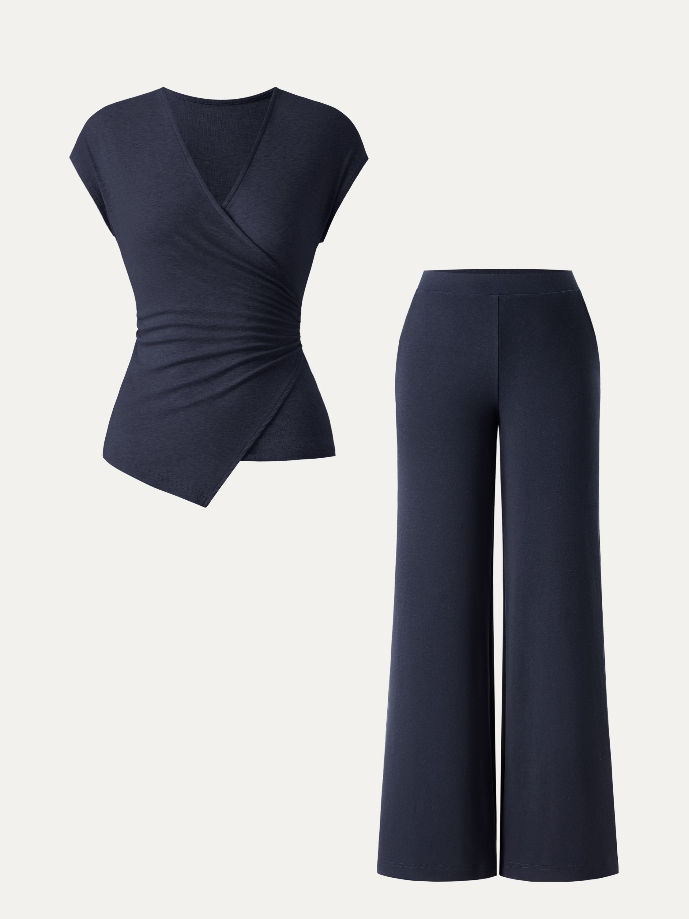 2Pcs Set Lyocell Wool Surplice Cap Sleeve Top & Mid Rise Wide Leg Pants with Pockets