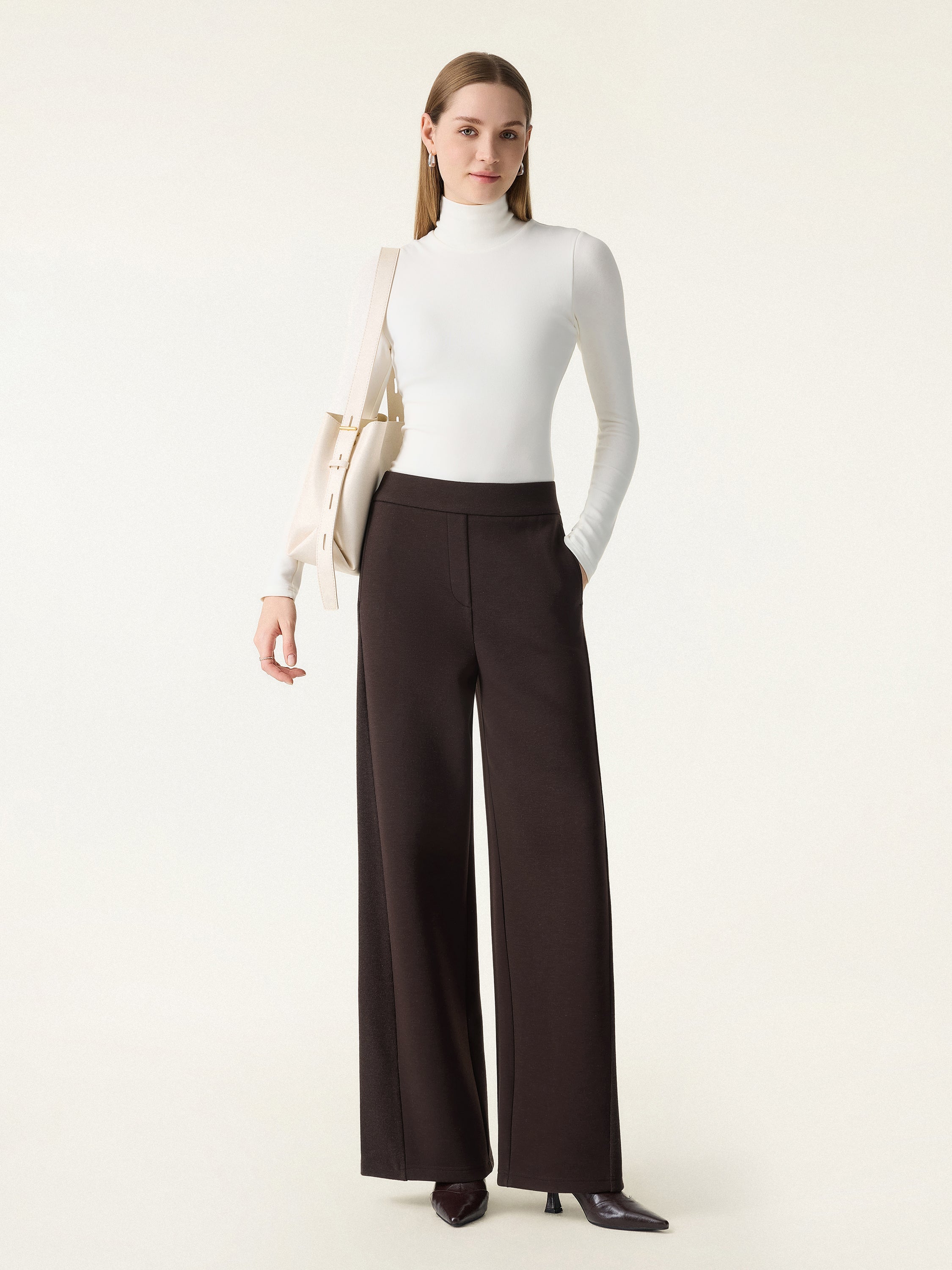 Ribbed Panel Mid Rise Wide Leg Pants with Pockets