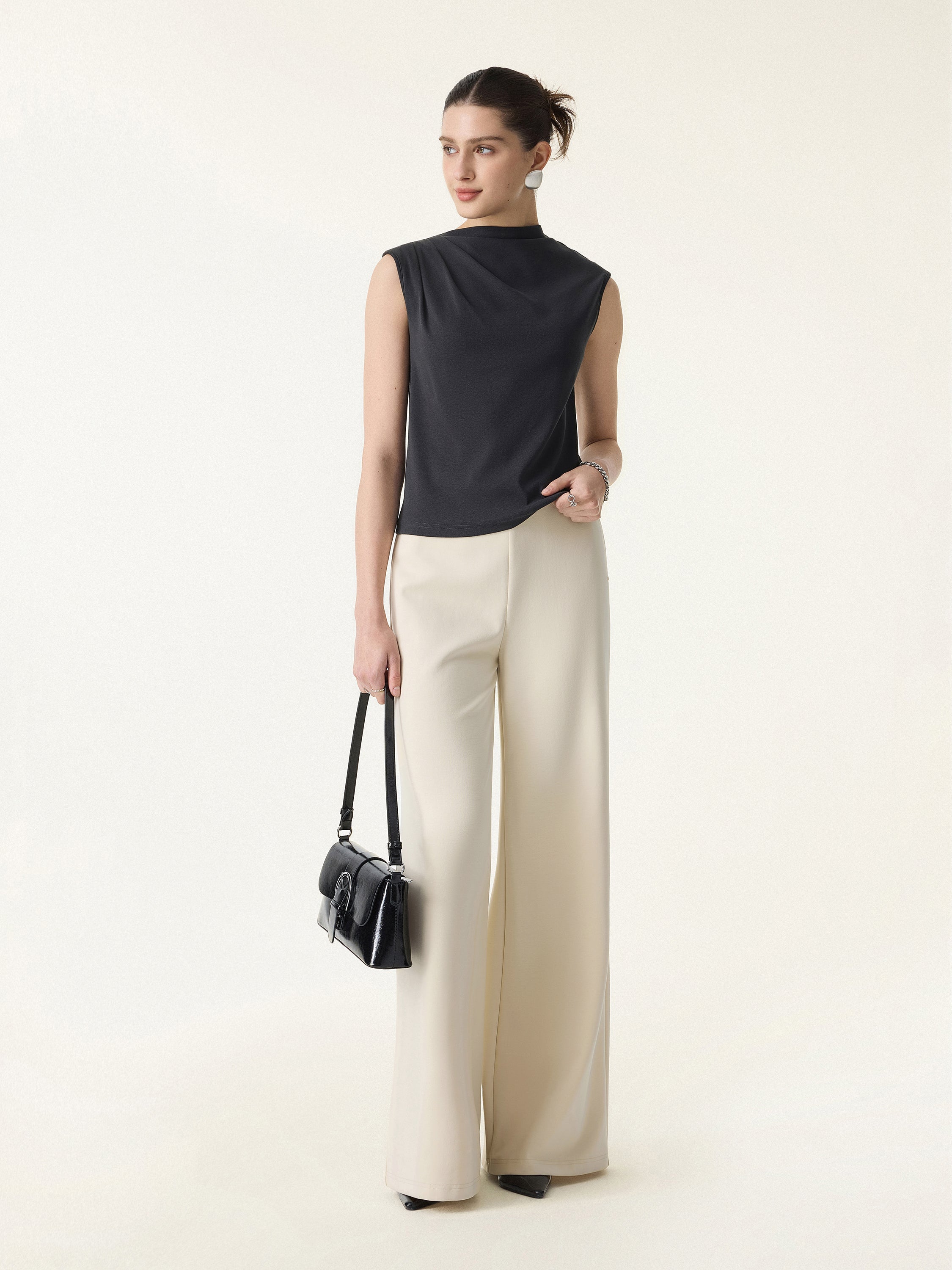 Stretch Cotton Blend Mid Rise Wide Leg Pants with Pockets