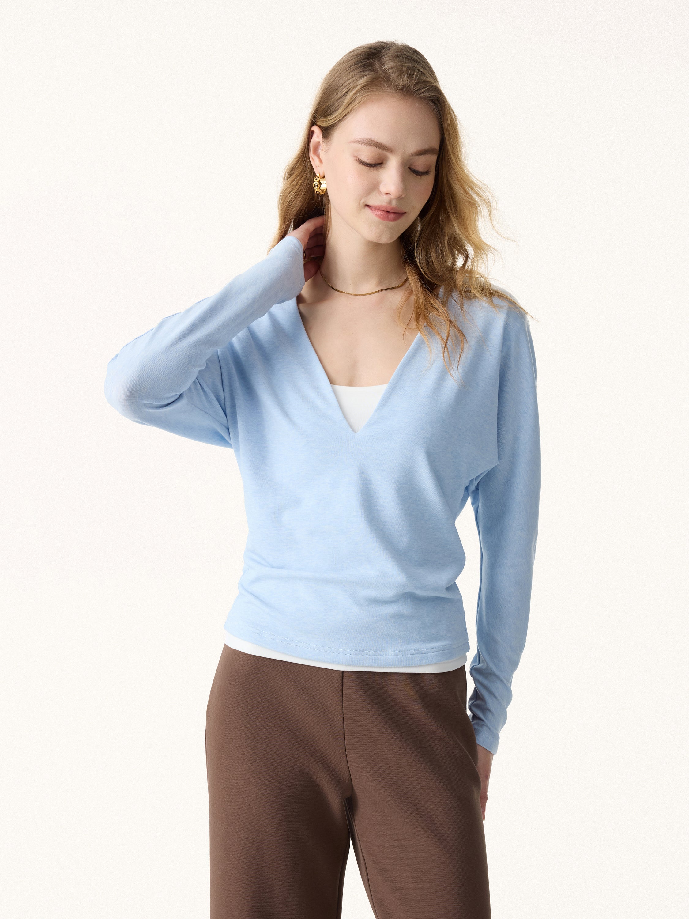 Non-Itch Lyocell Wool Relaxed V-Neck Batwing Sleeve Top